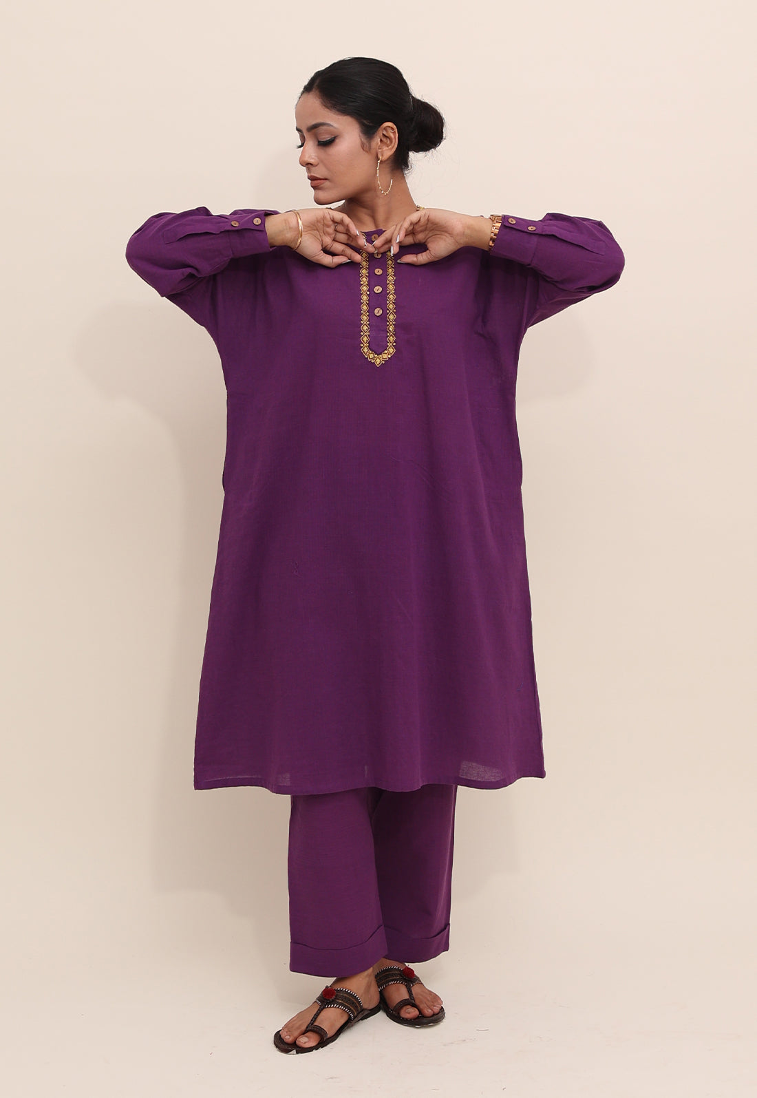 Solid Purple Embroidered Choga Co-ord Set