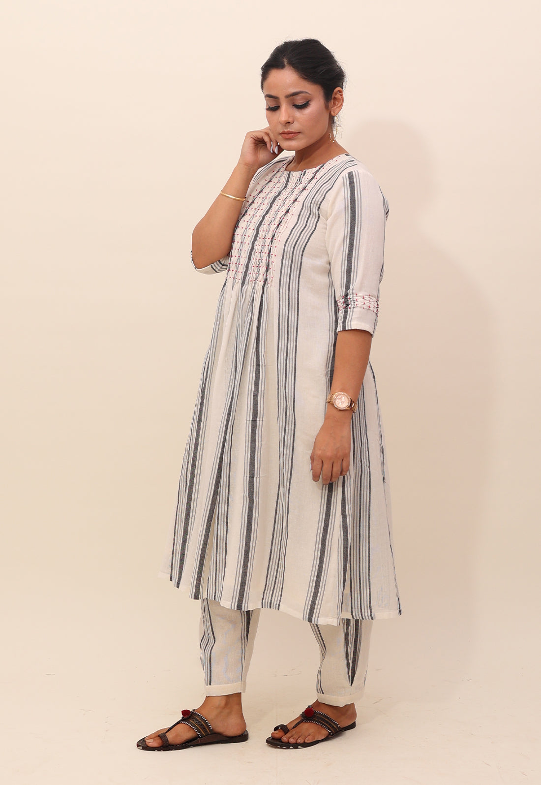 White and Black Striped Smocking Kurta