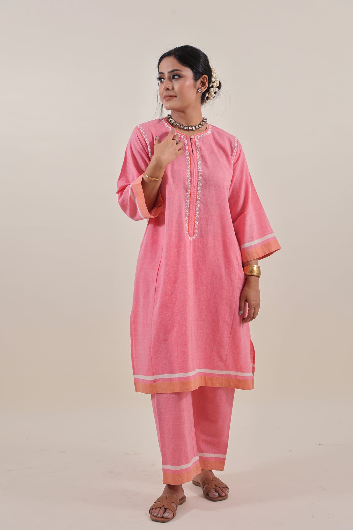 Coral Pink chikankari choga kurta set