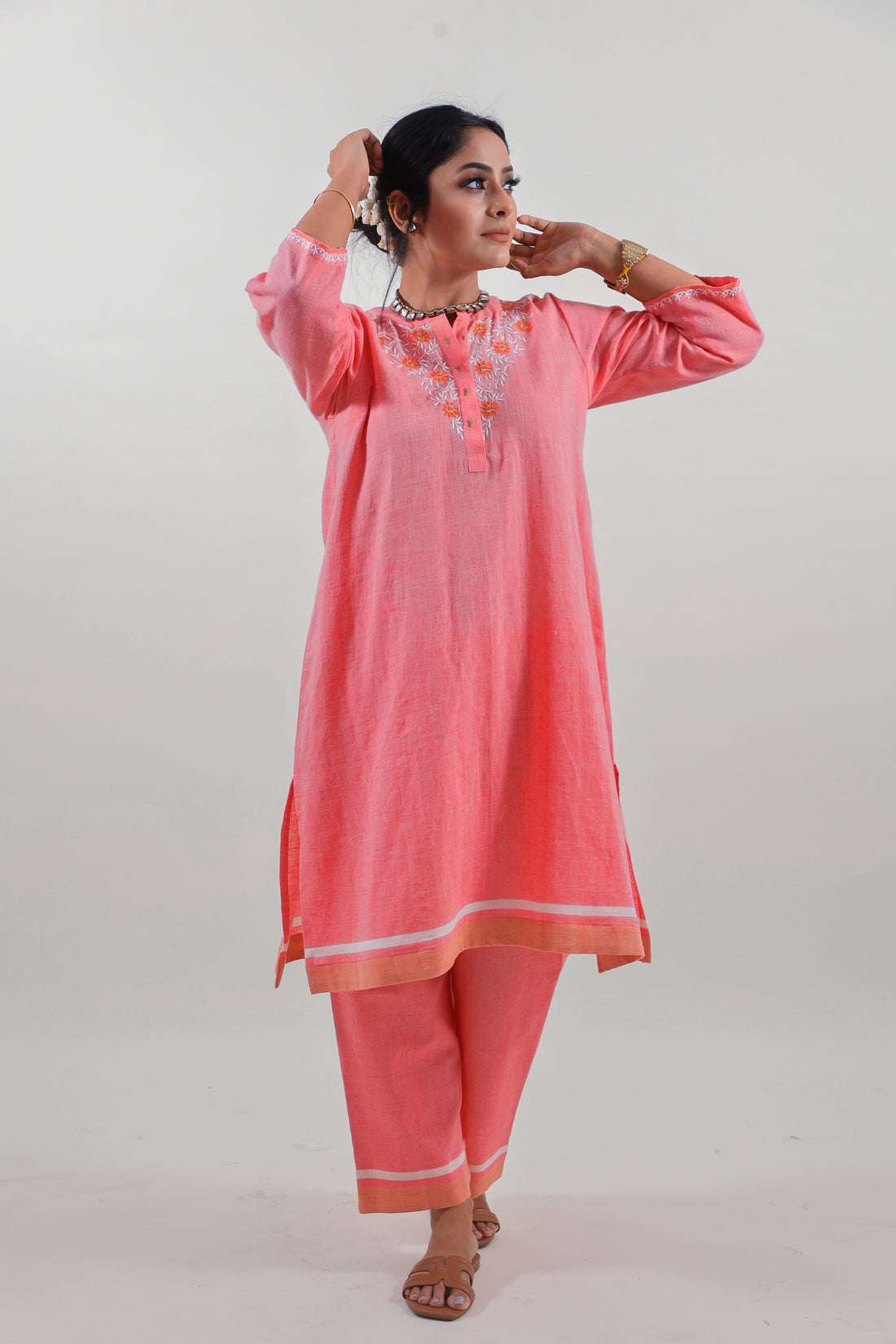Coral Pink Chikankari Mandarin Collar Kurta Set
