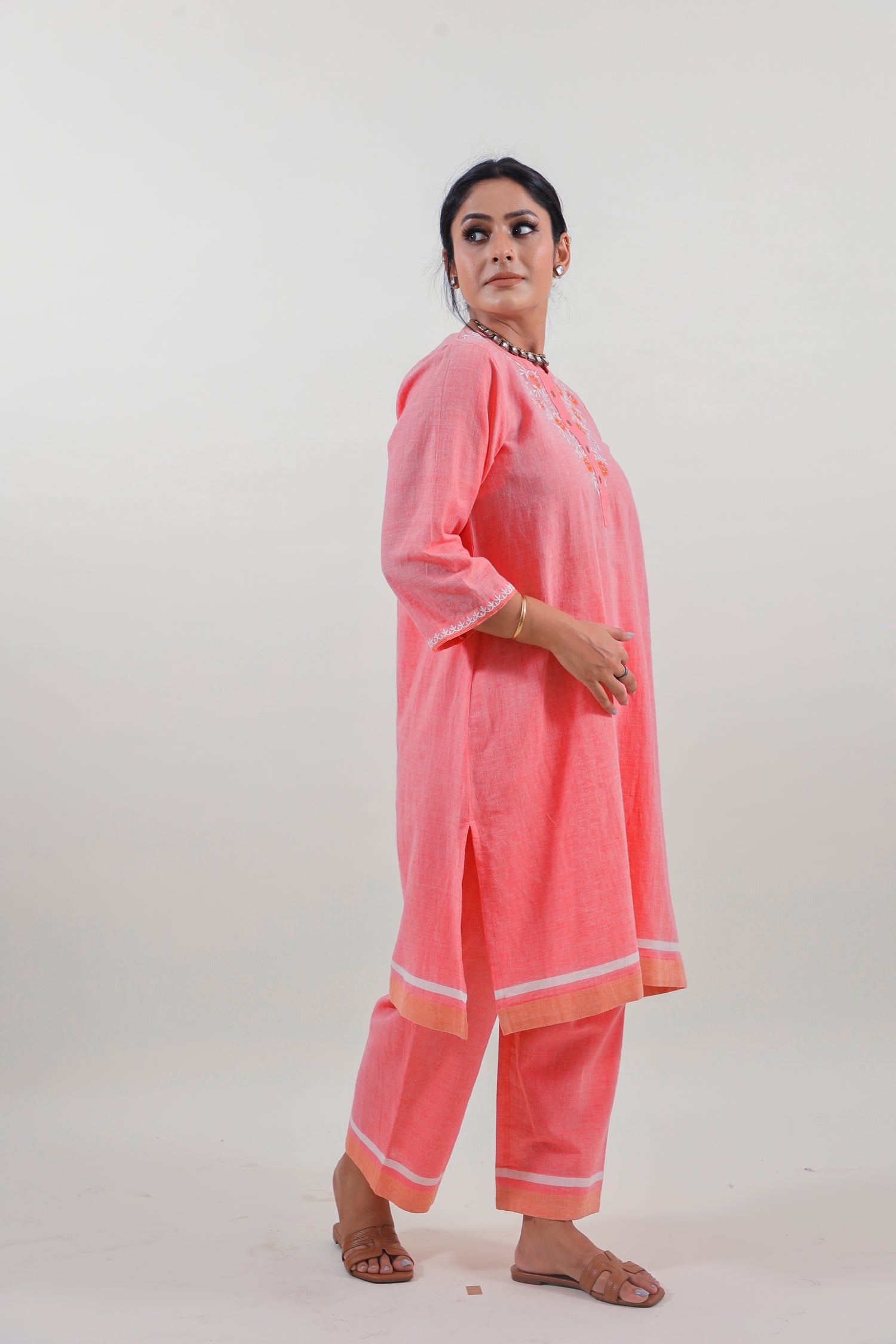 Coral Pink Chikankari Mandarin Collar Kurta Set