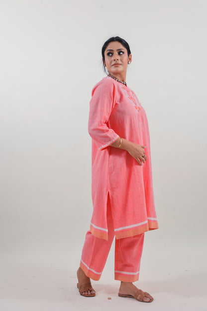 Coral Pink Chikankari Mandarin Collar Kurta Set