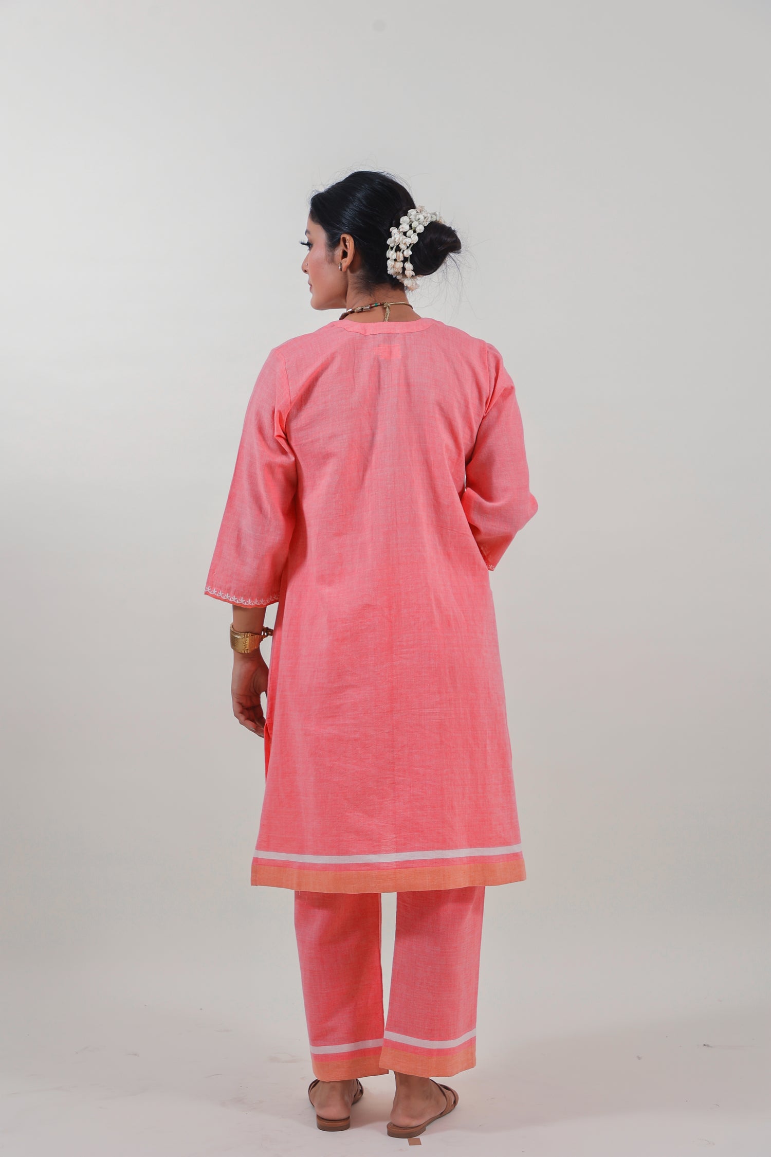 Coral Pink Chikankari Mandarin Collar Kurta Set