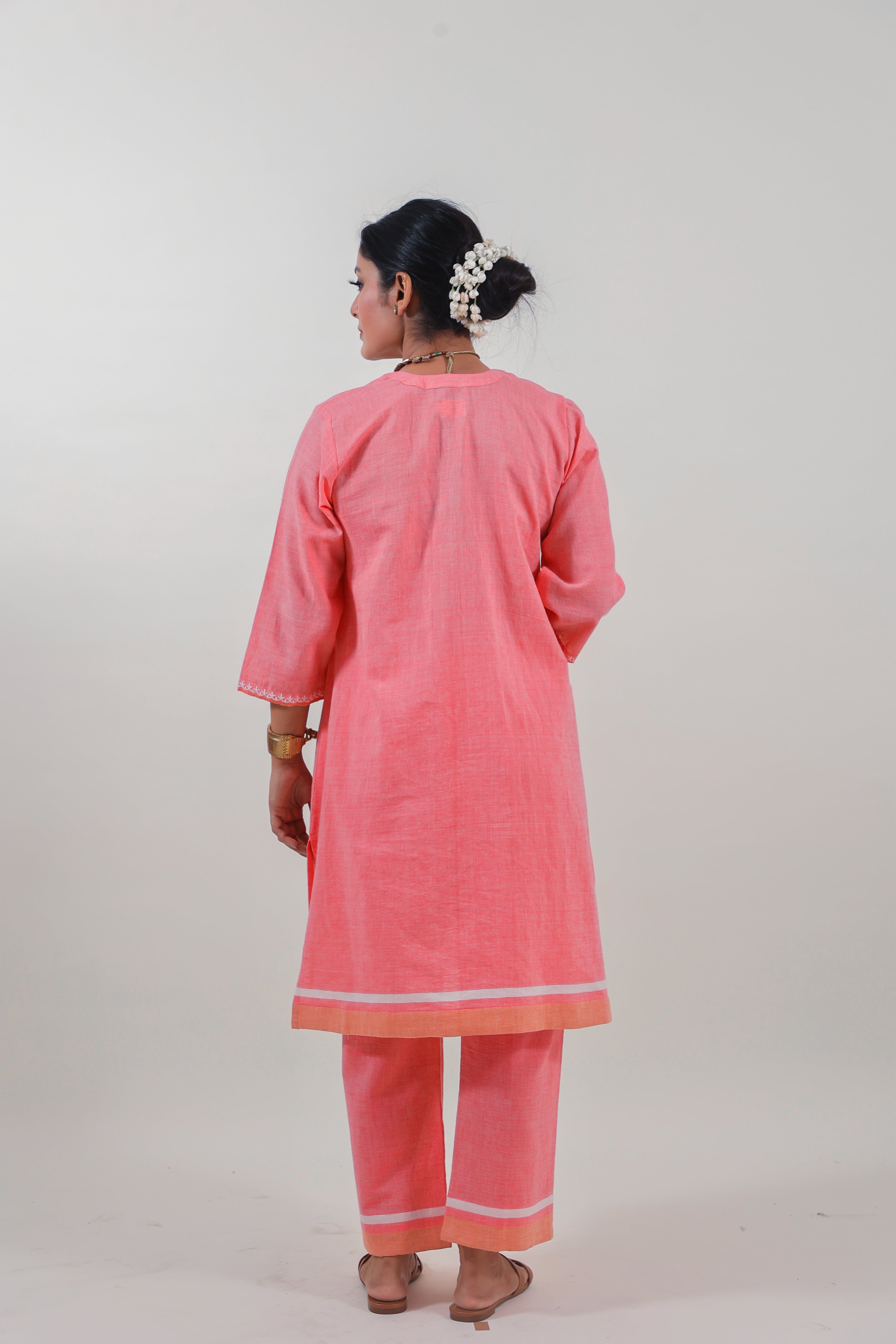 Coral Pink Chikankari Mandarin Collar Kurta Set