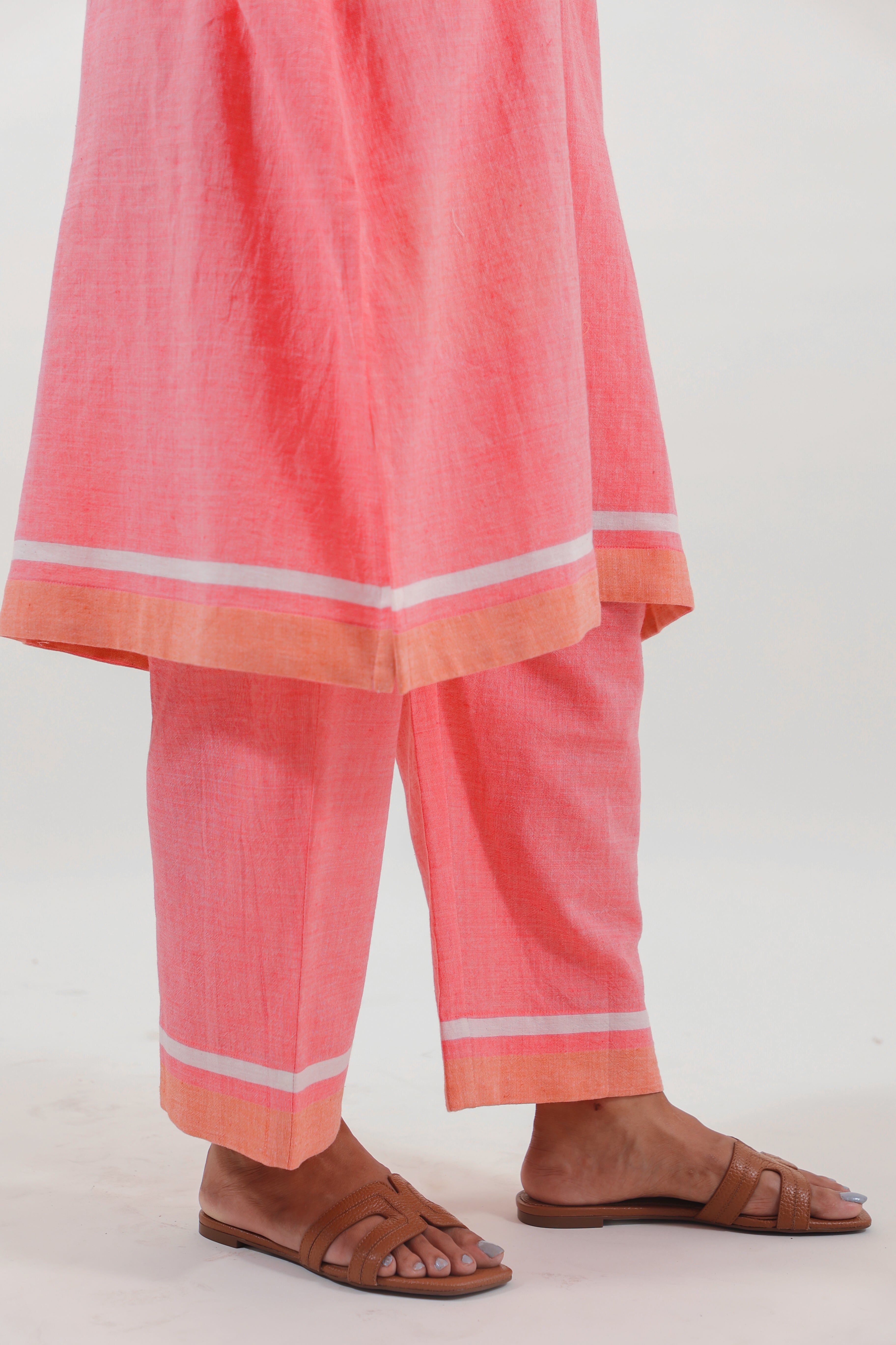 Coral Pink Chikankari Mandarin Collar Kurta Set