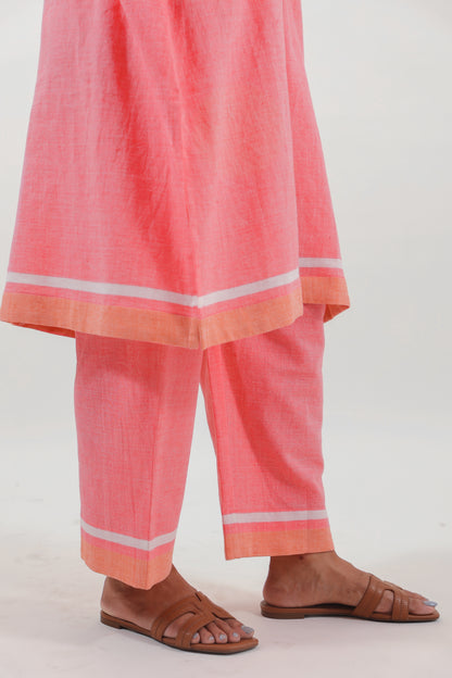 Coral Pink Chikankari Mandarin Collar Kurta Set