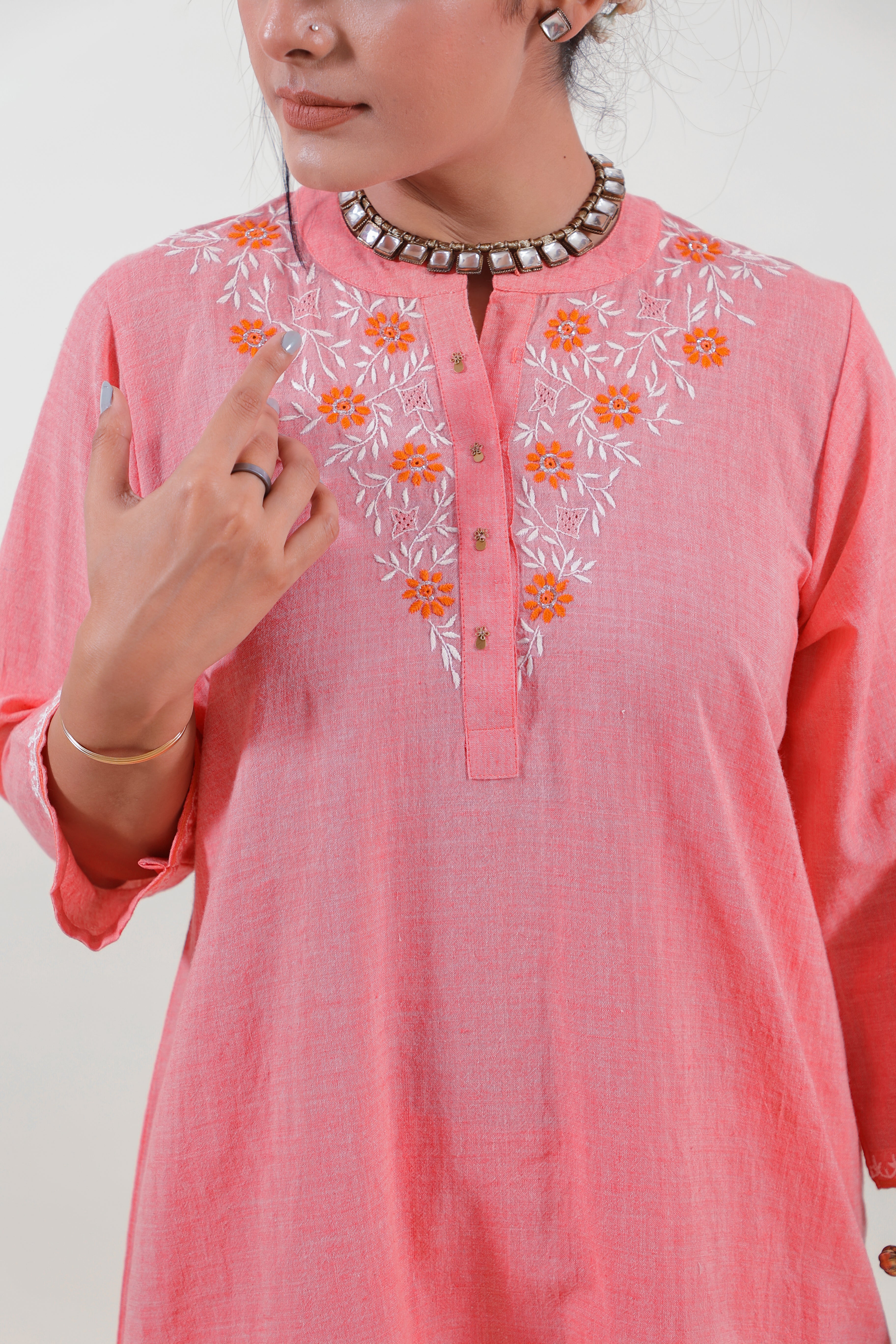 Coral Pink Chikankari Mandarin Collar Kurta Set