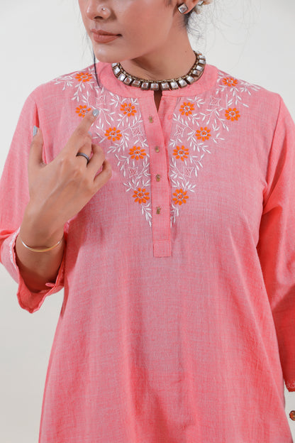 Coral Pink Chikankari Mandarin Collar Kurta Set
