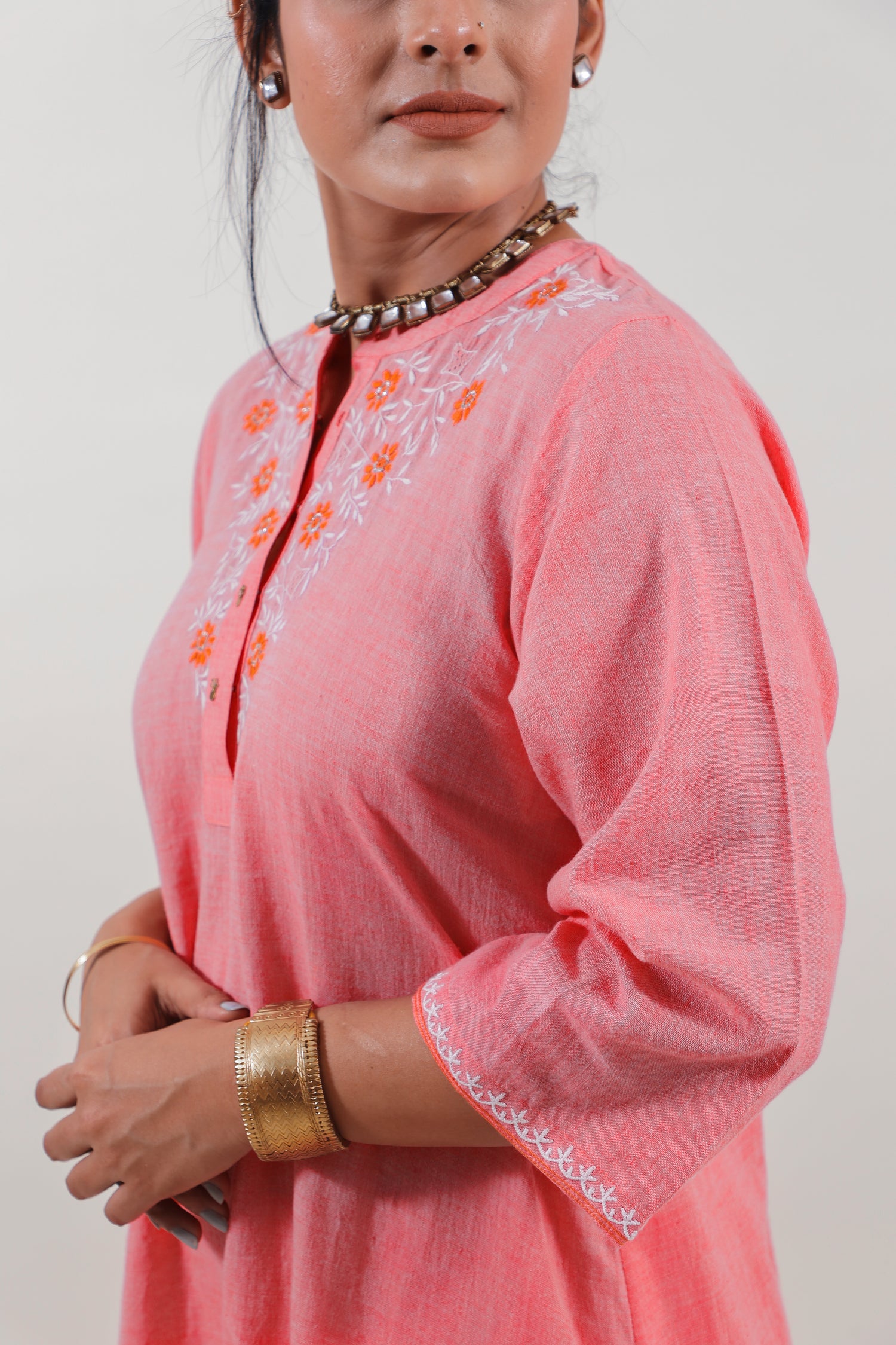 Coral Pink Chikankari Mandarin Collar Kurta Set