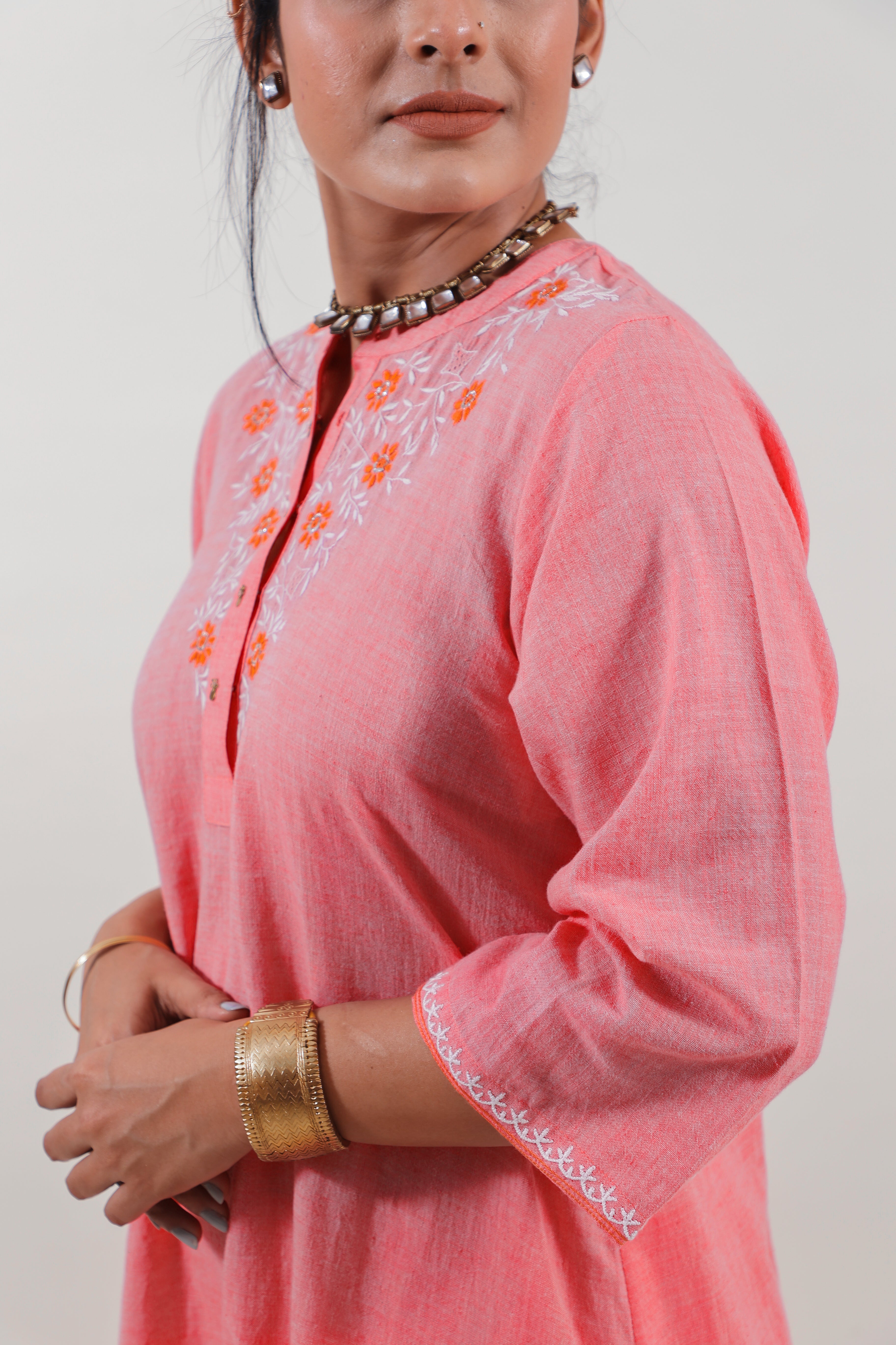 Coral Pink Chikankari Mandarin Collar Kurta Set