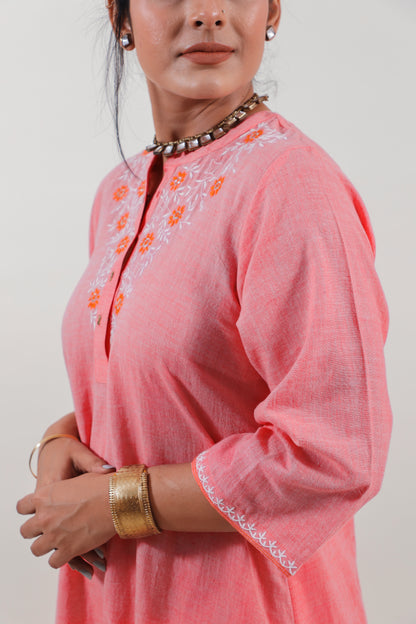 Coral Pink Chikankari Mandarin Collar Kurta Set