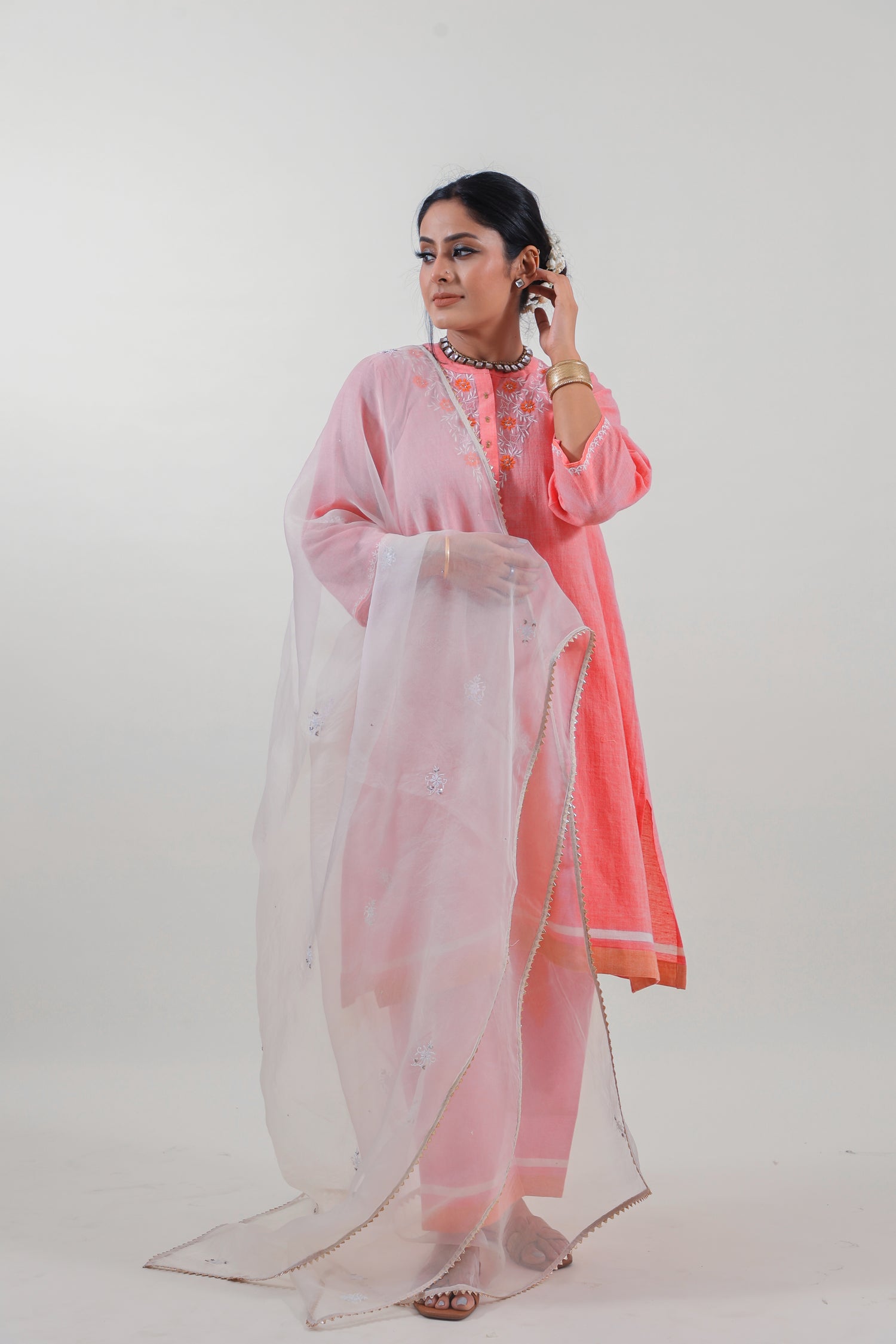 Coral Pink Chikankari Mandarin Collar Kurta Set