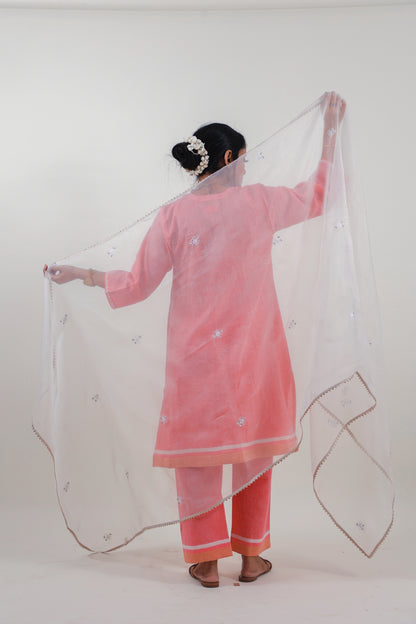 Coral Pink Chikankari Mandarin Collar Kurta Set