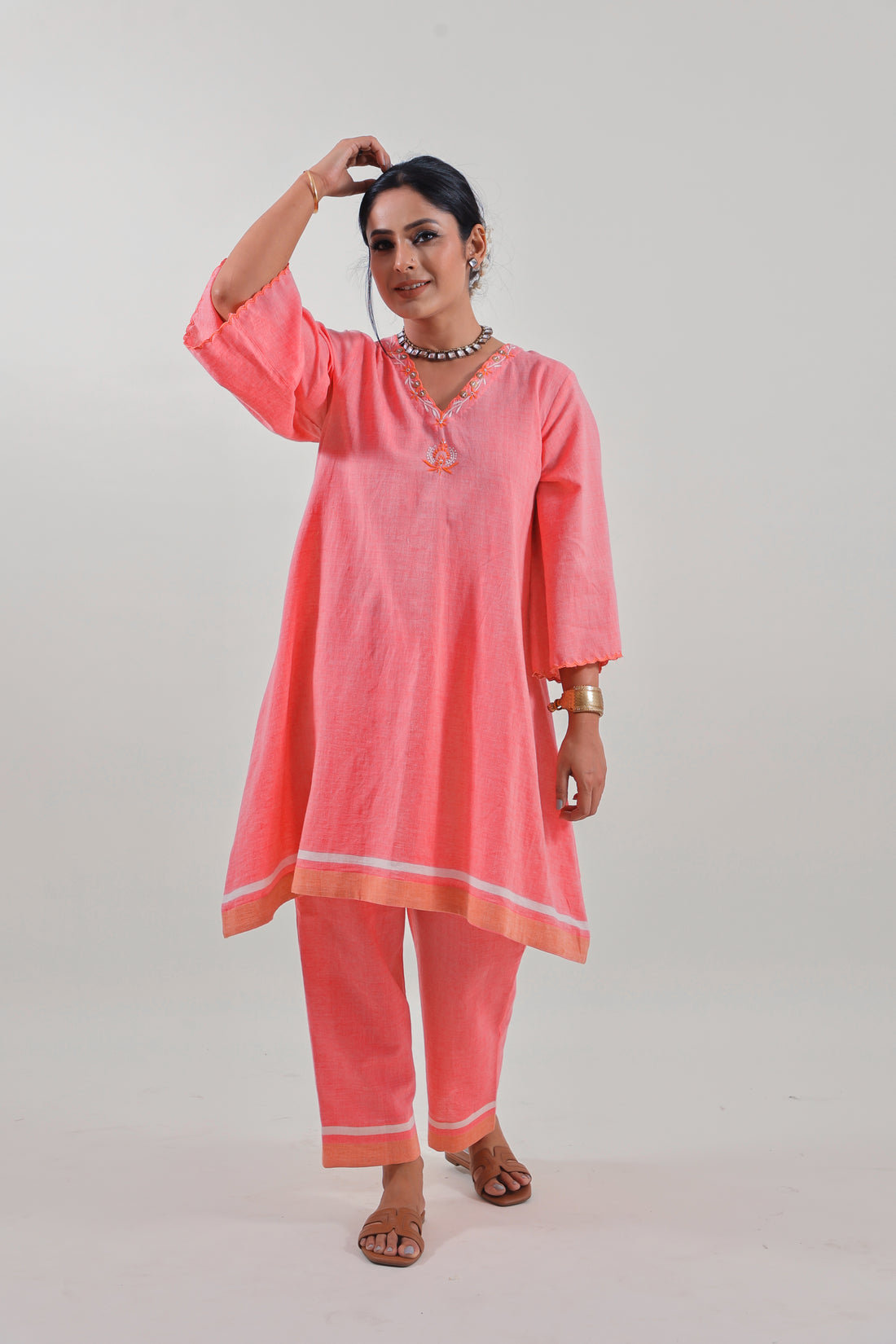 Coral Pink Chikankari V-neck kurta set