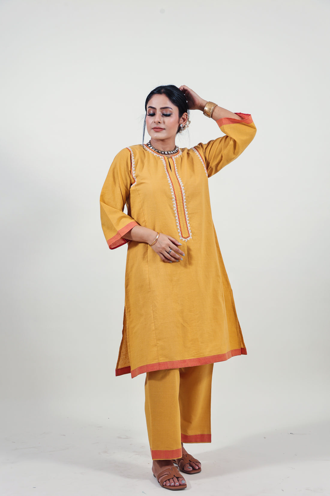 Mustard chikankari choga kurta set