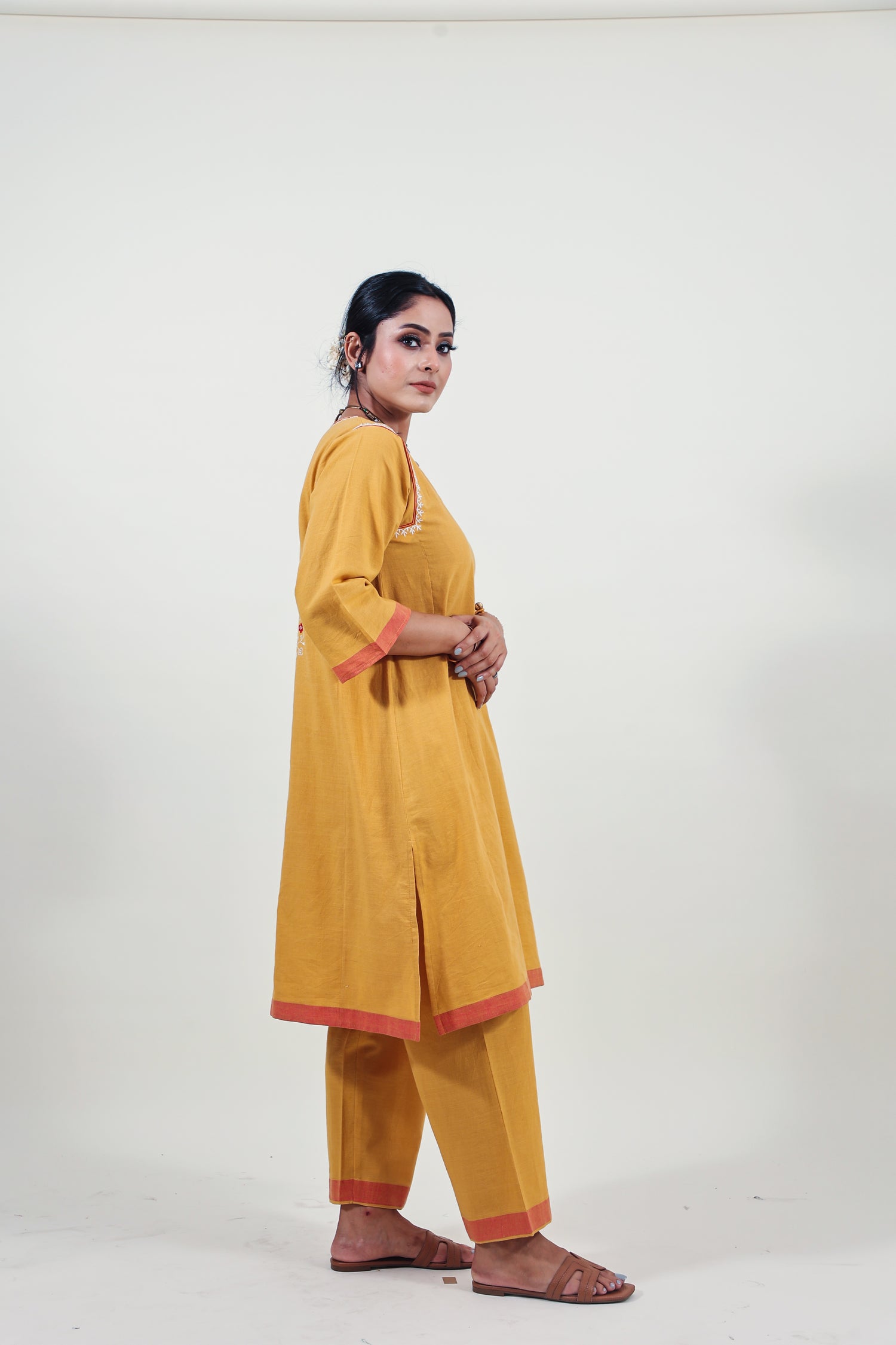 Mustard chikankari choga kurta set