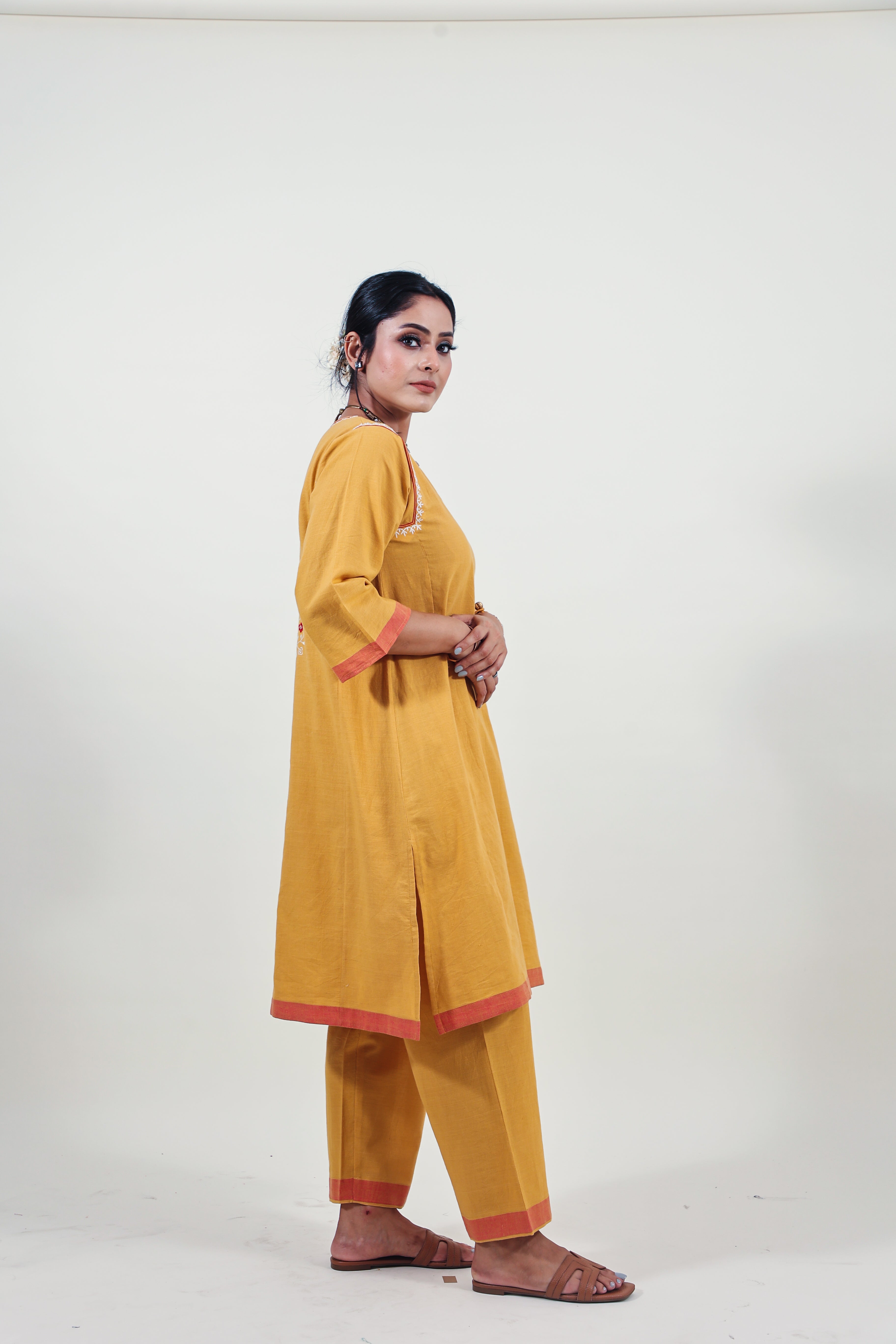 Mustard chikankari choga kurta set