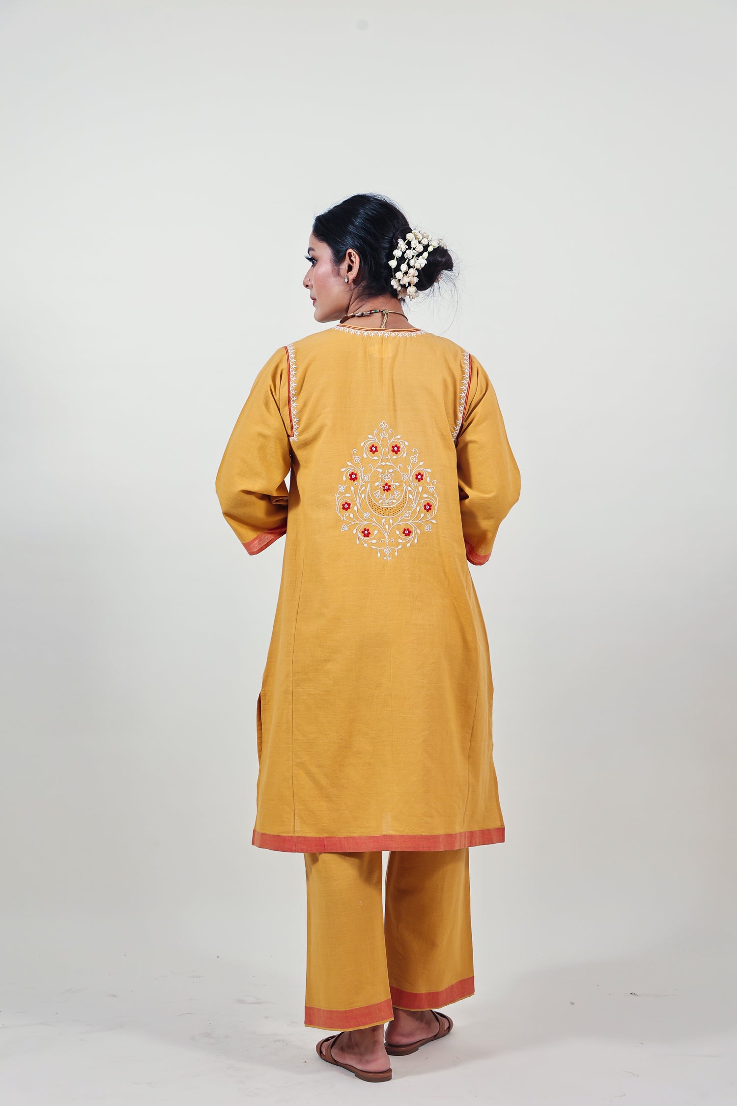 Mustard chikankari choga kurta set