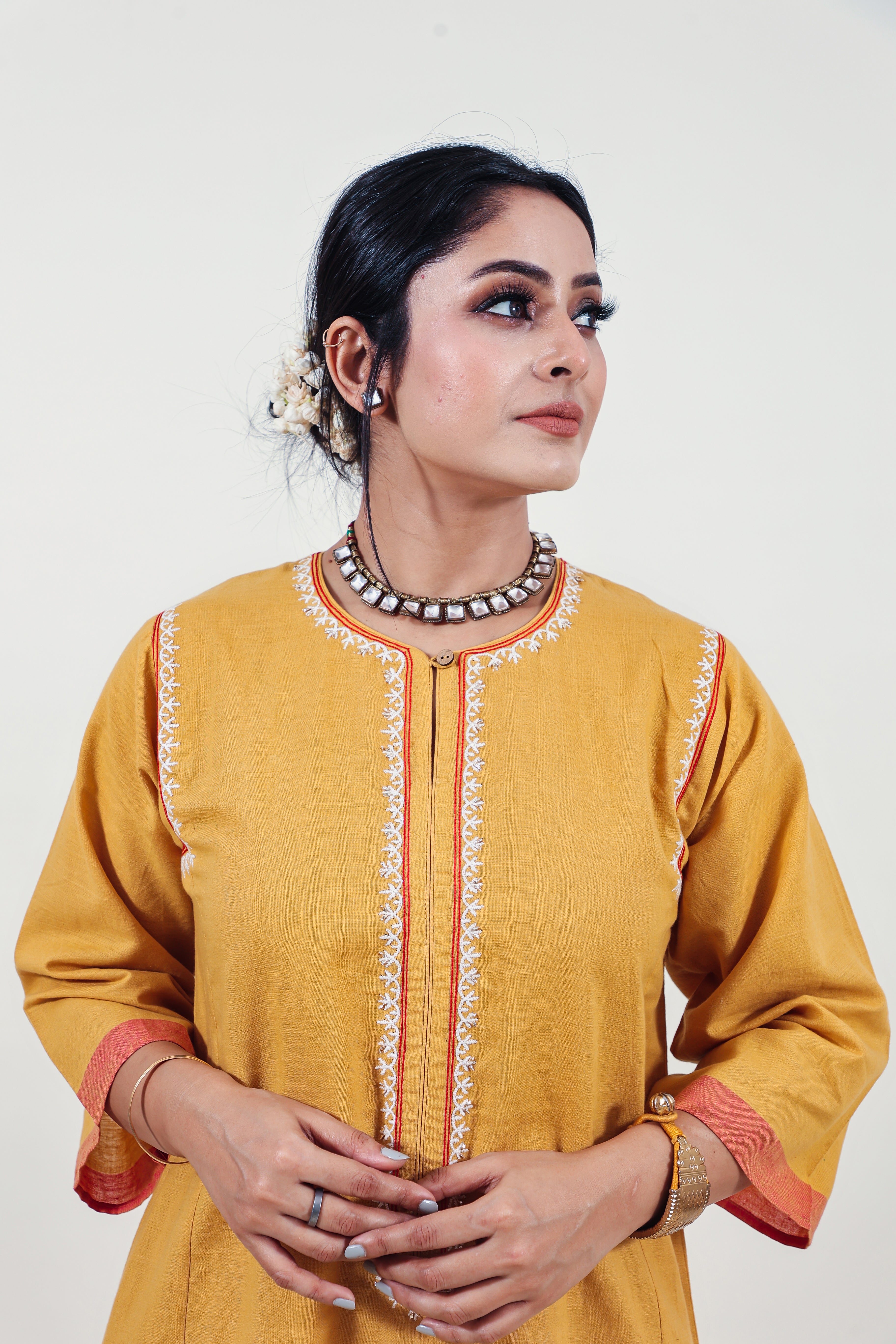 Mustard chikankari choga kurta set