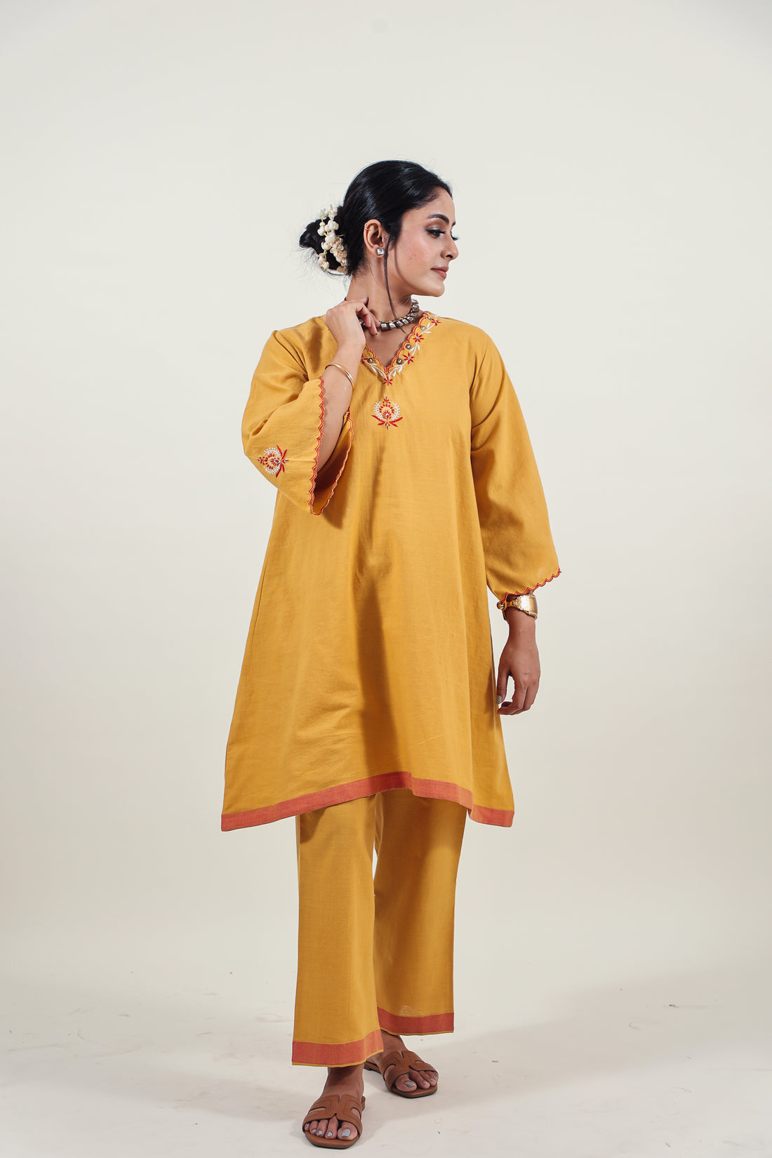 Mustard Chikankari V-neck kurta set