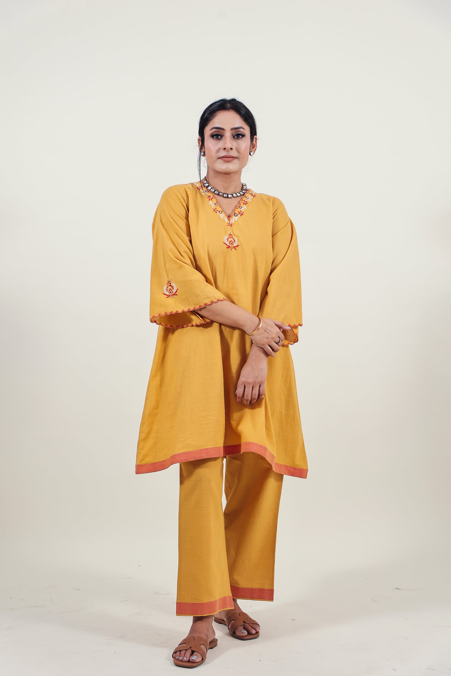 Mustard Chikankari V-neck kurta set
