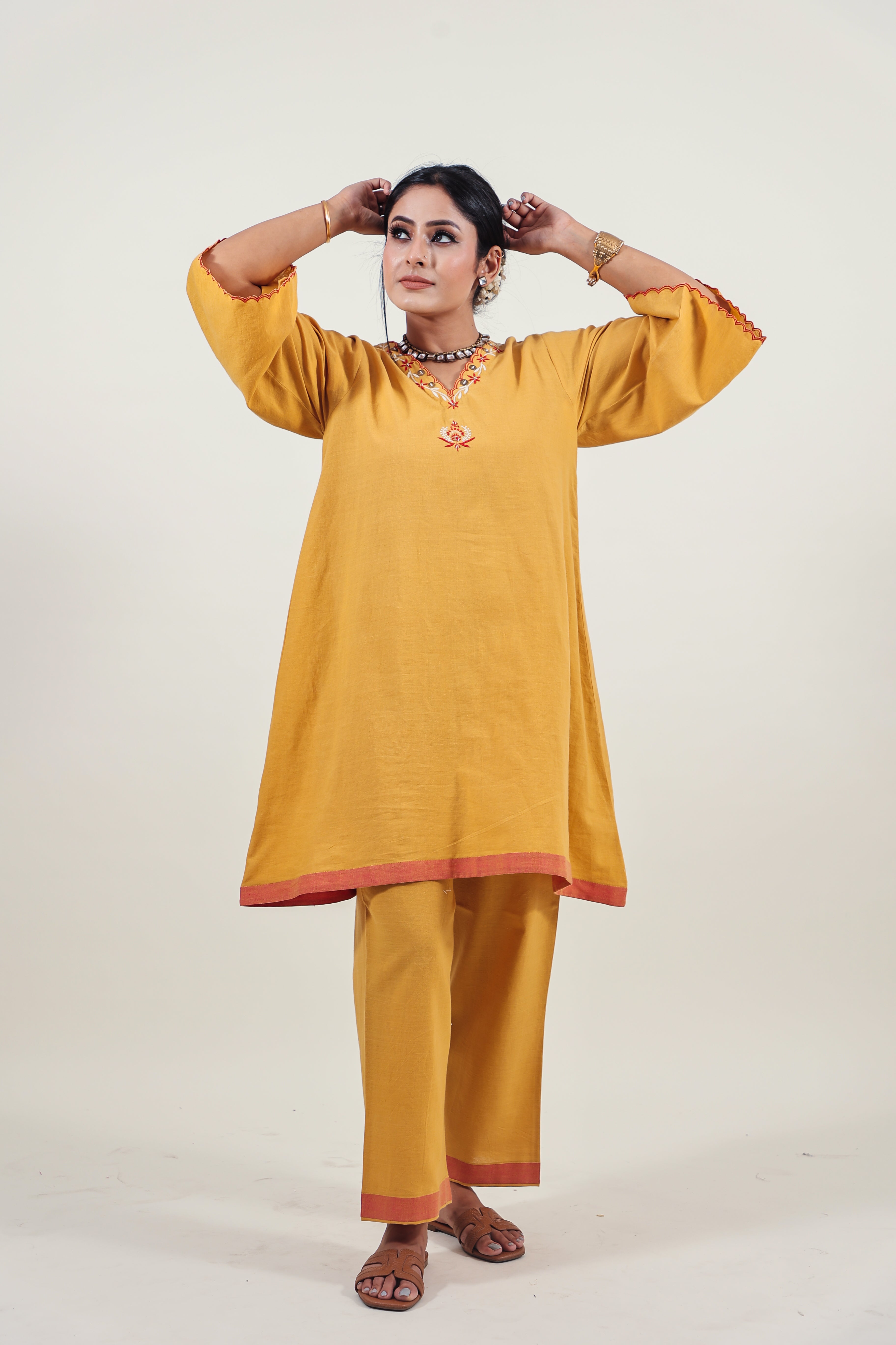 Mustard Chikankari V-neck kurta set