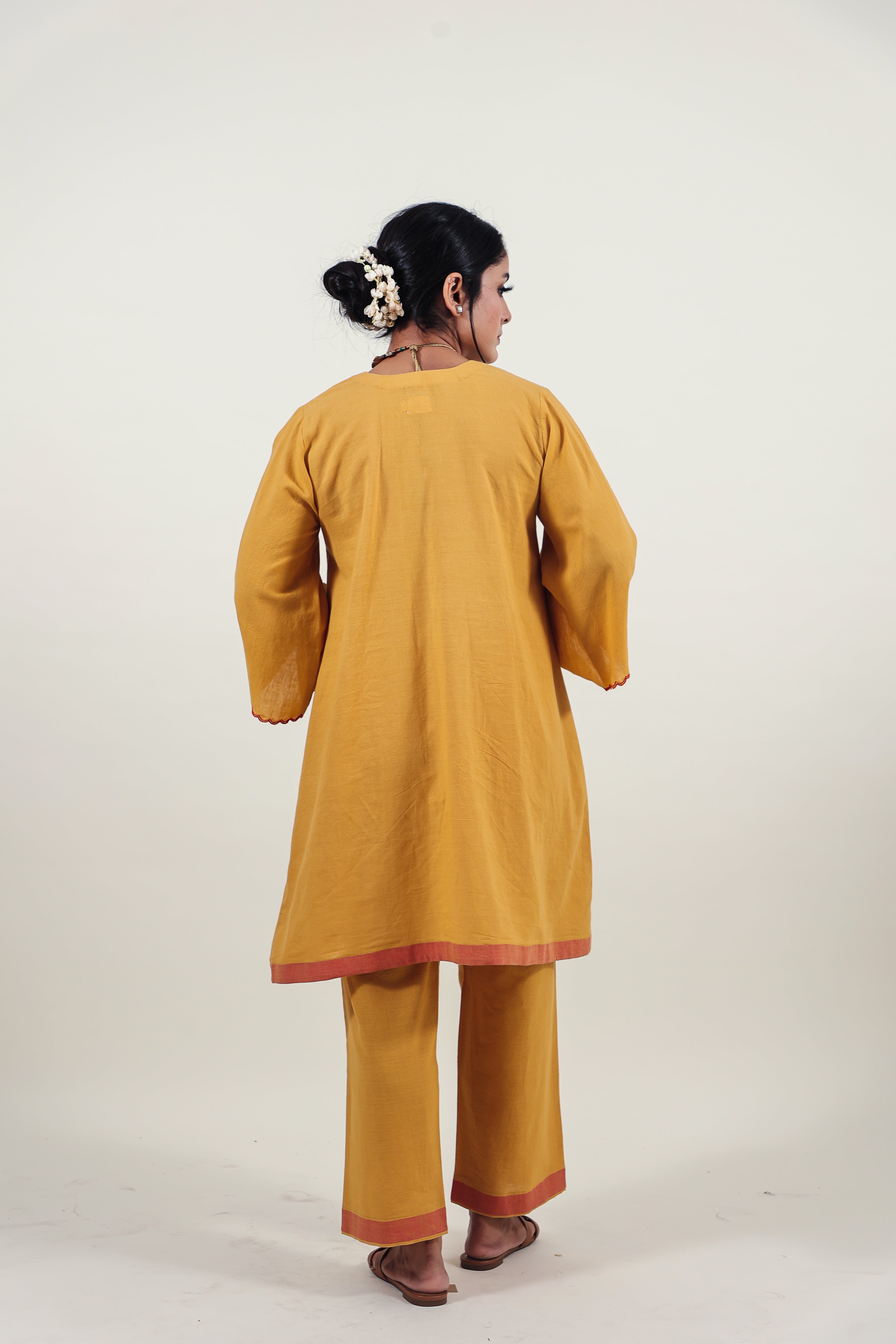 Mustard Chikankari V-neck kurta set