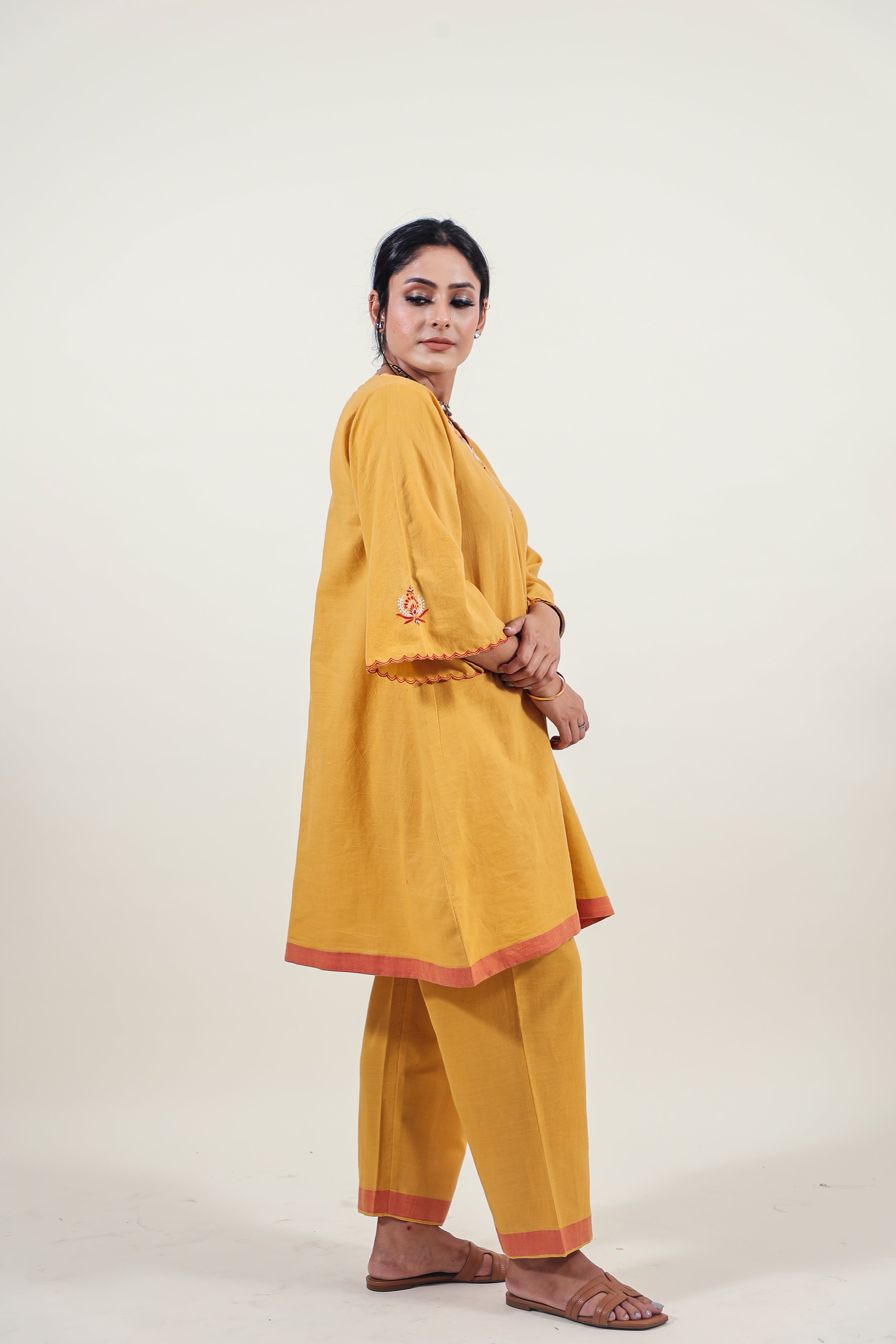 Mustard Chikankari V-neck kurta set
