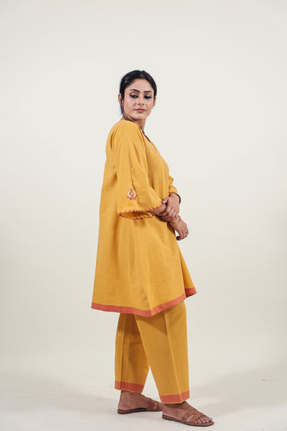 Mustard Chikankari V-neck kurta set