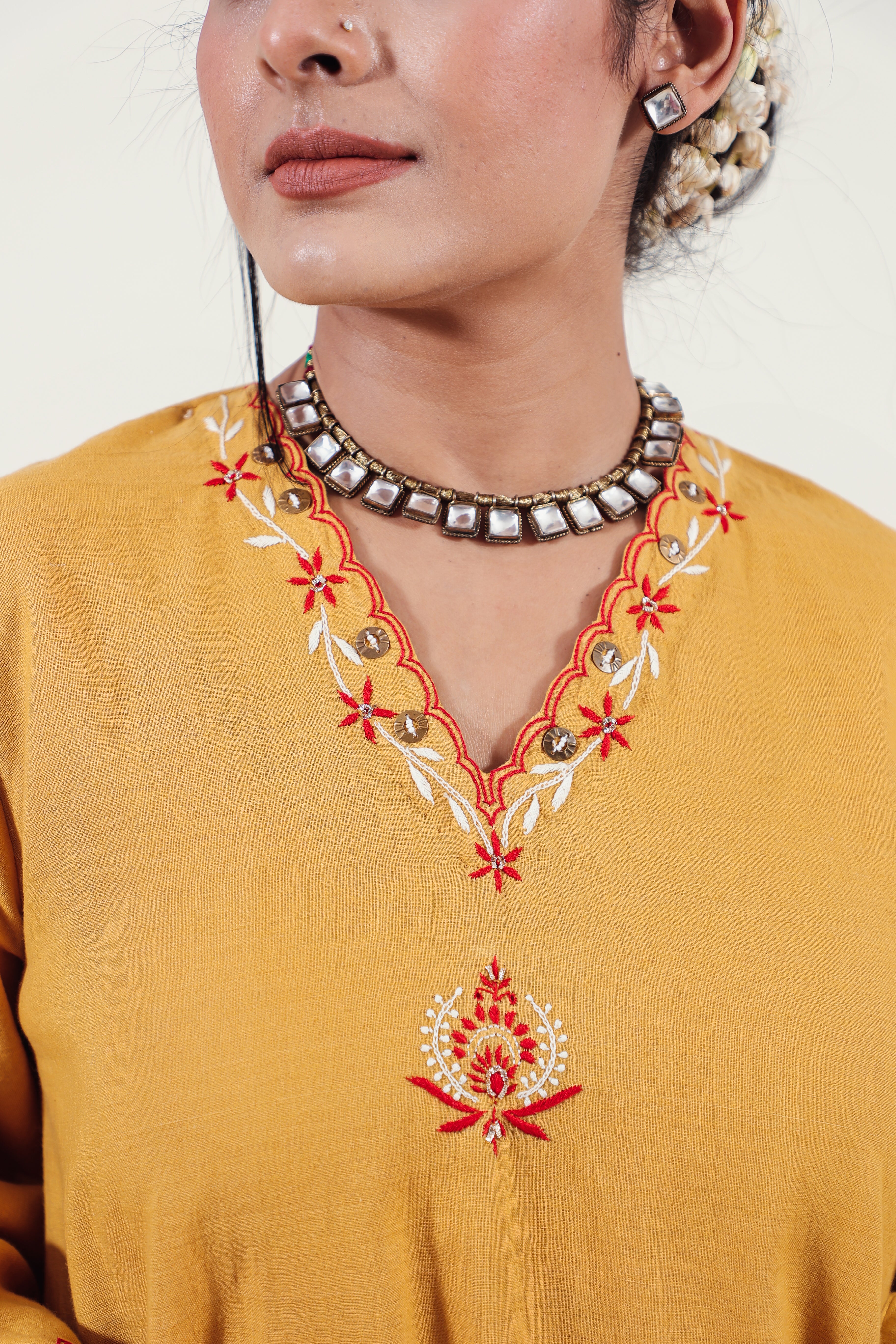 Mustard Chikankari V-neck kurta set
