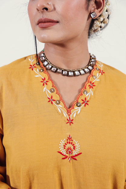 Mustard Chikankari V-neck kurta set