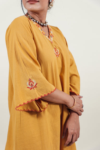 Mustard Chikankari V-neck kurta set