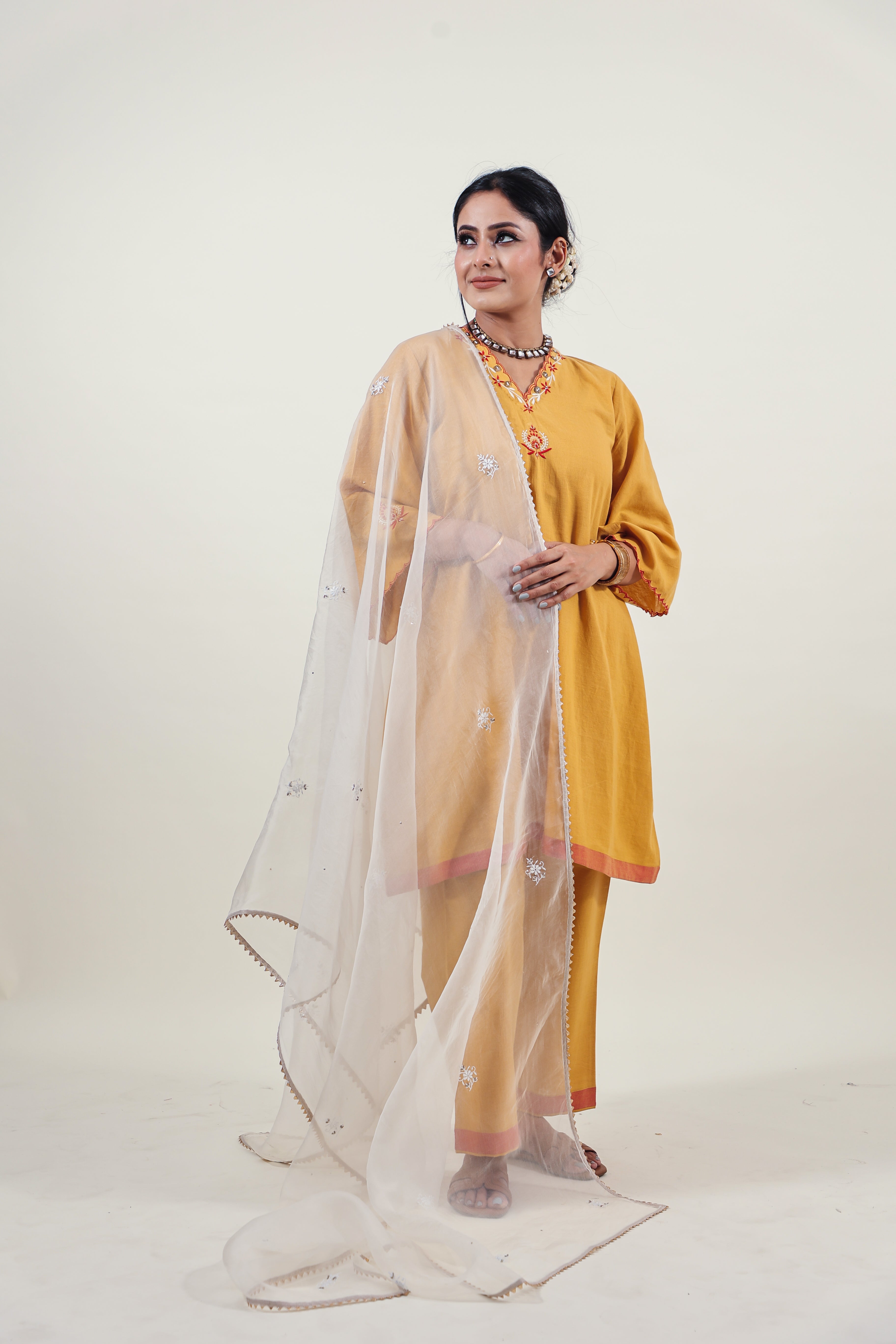 Mustard Chikankari V-neck kurta set