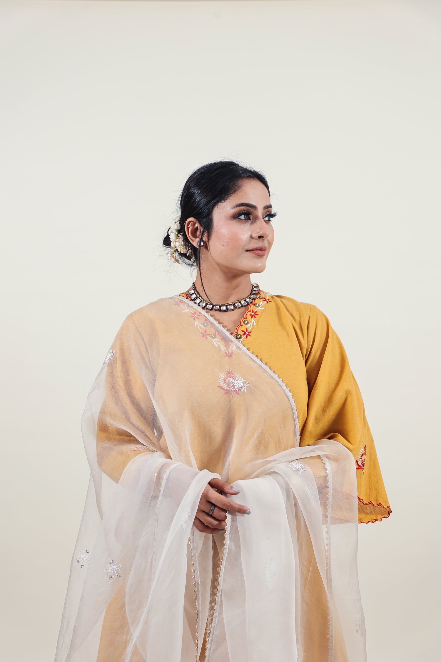Mustard Chikankari V-neck kurta set