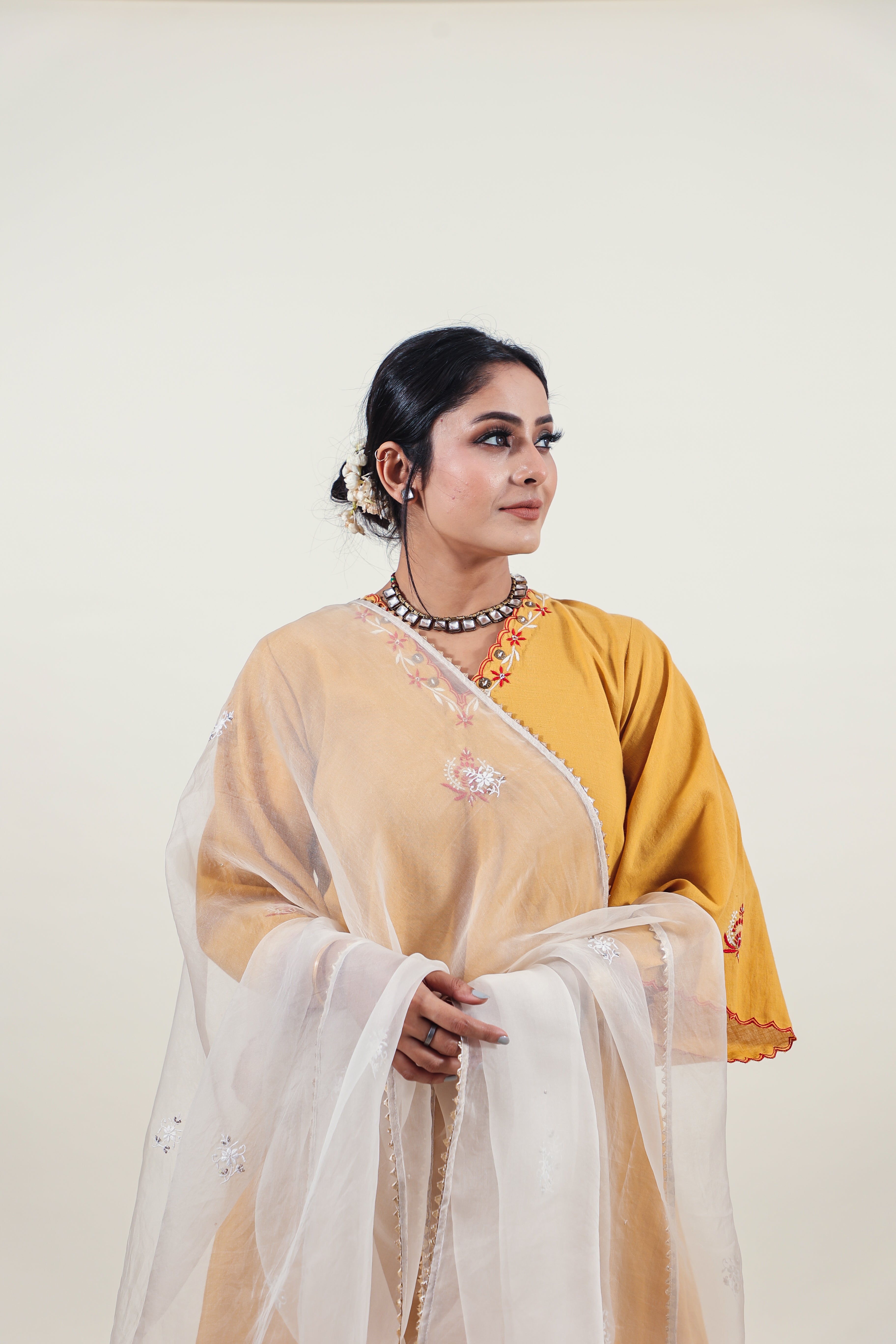 Mustard Chikankari V-neck kurta set