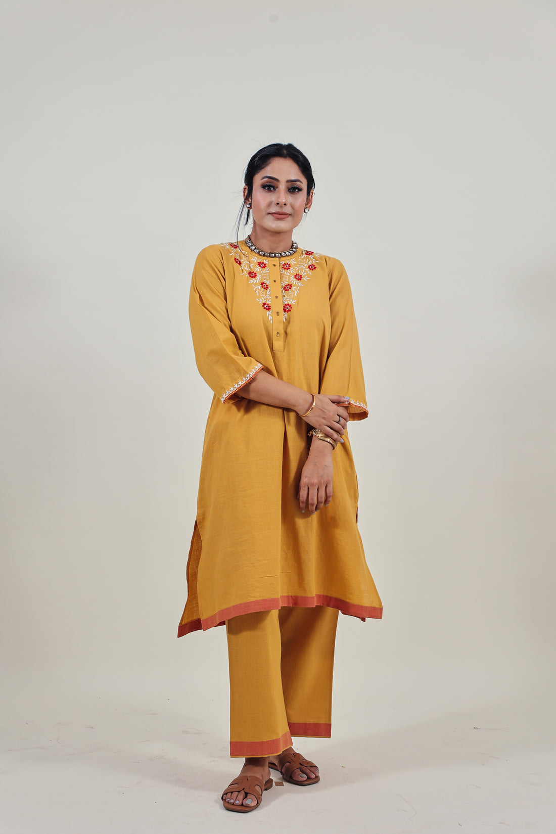 Mustard Chikankari Mandarin Collar Kurta Set