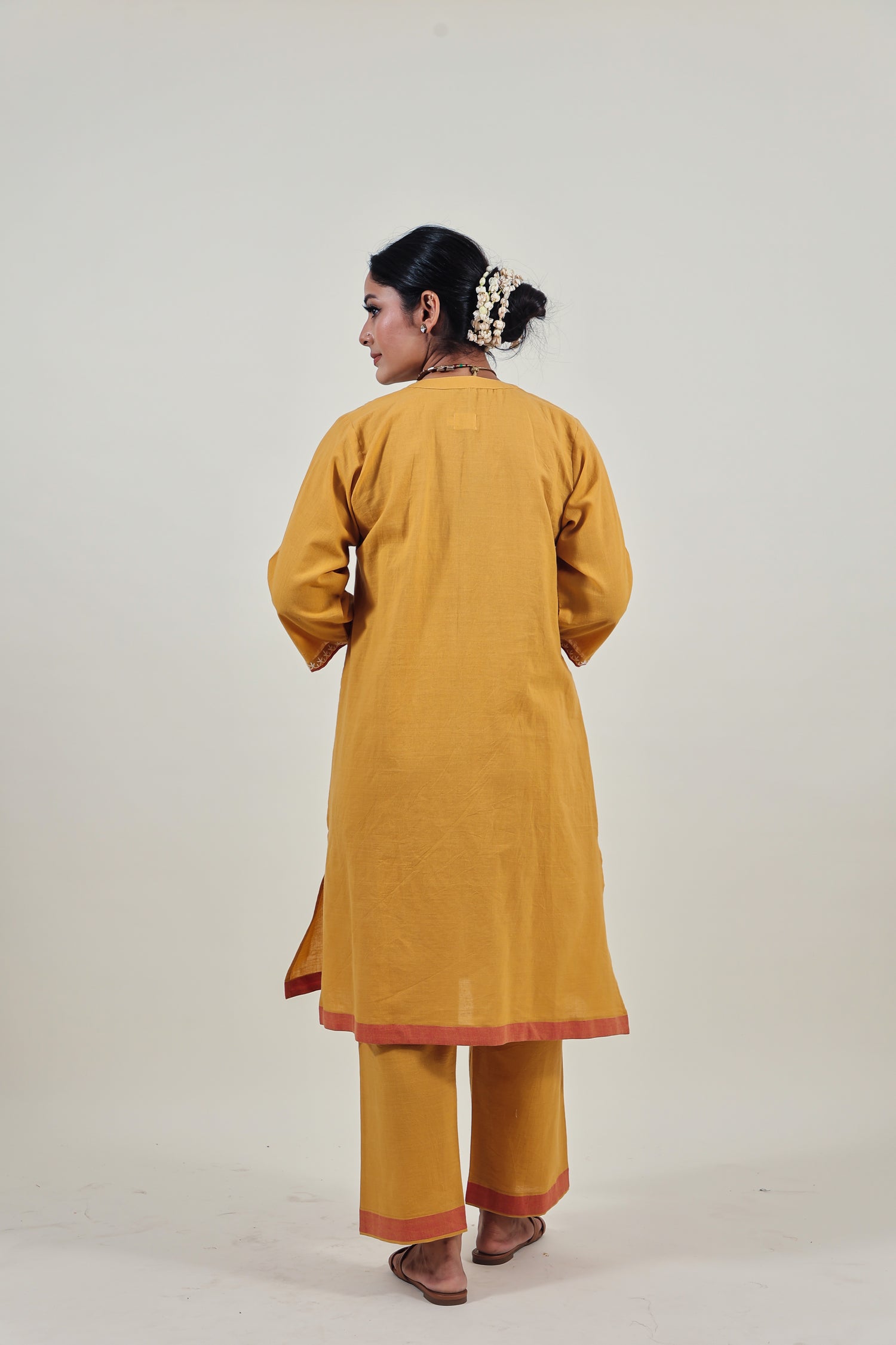 Mustard Chikankari Mandarin Collar Kurta Set