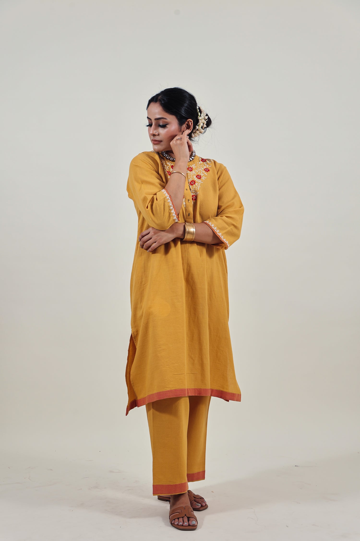 Mustard Chikankari Mandarin Collar Kurta Set