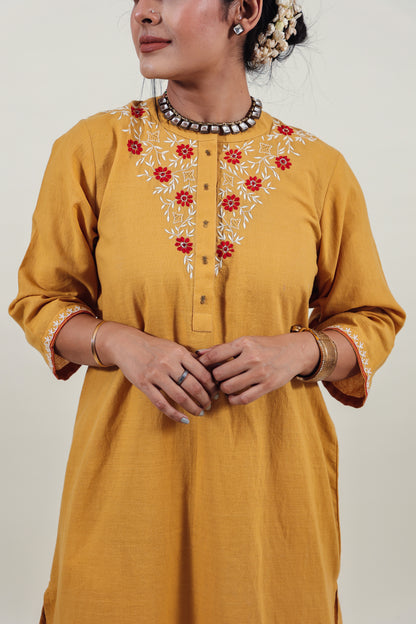 Mustard Chikankari Mandarin Collar Kurta Set