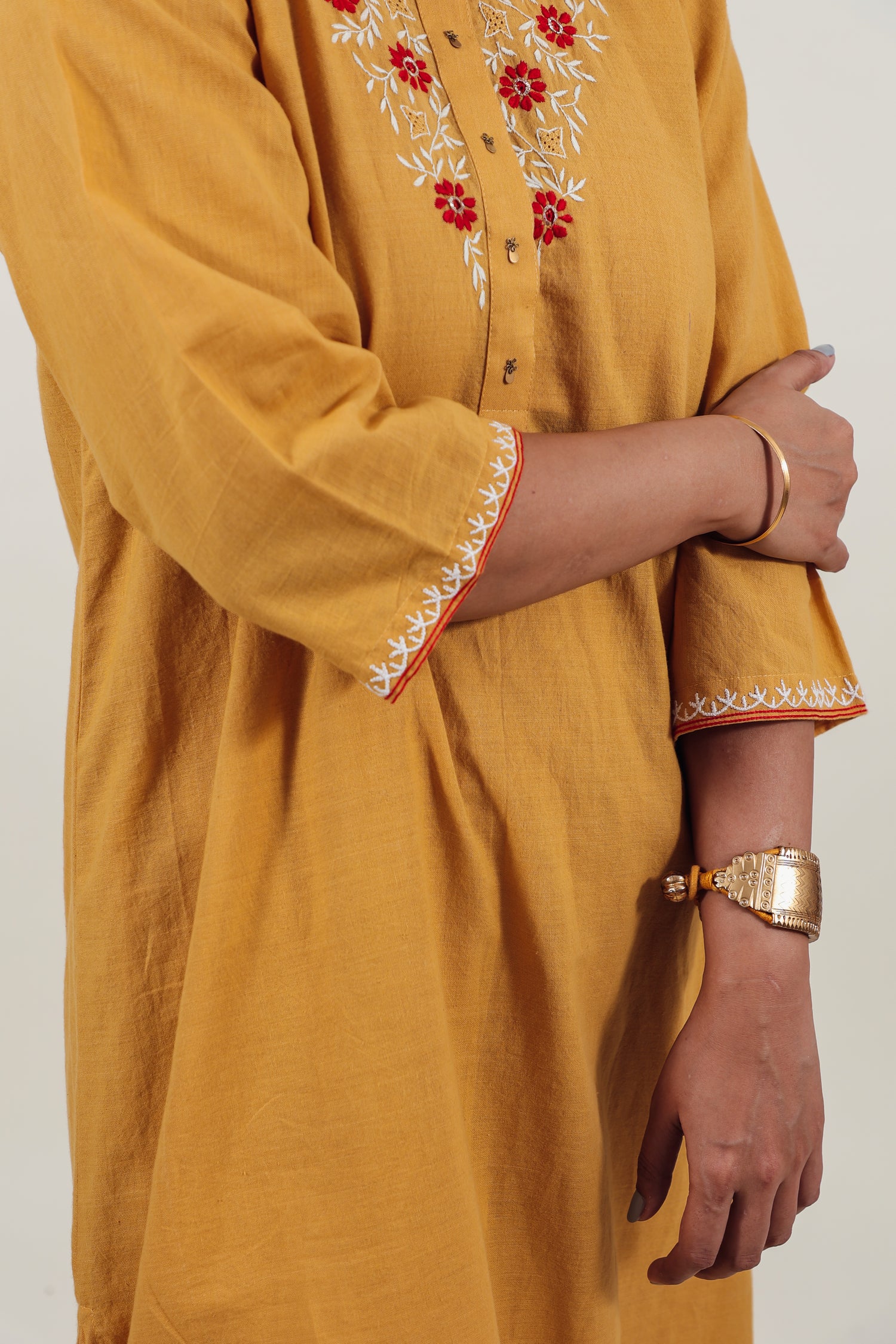 Mustard Chikankari Mandarin Collar Kurta Set