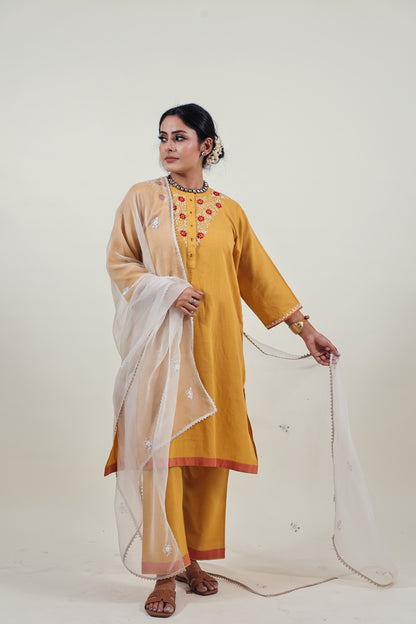 Mustard Chikankari Mandarin Collar Kurta Set