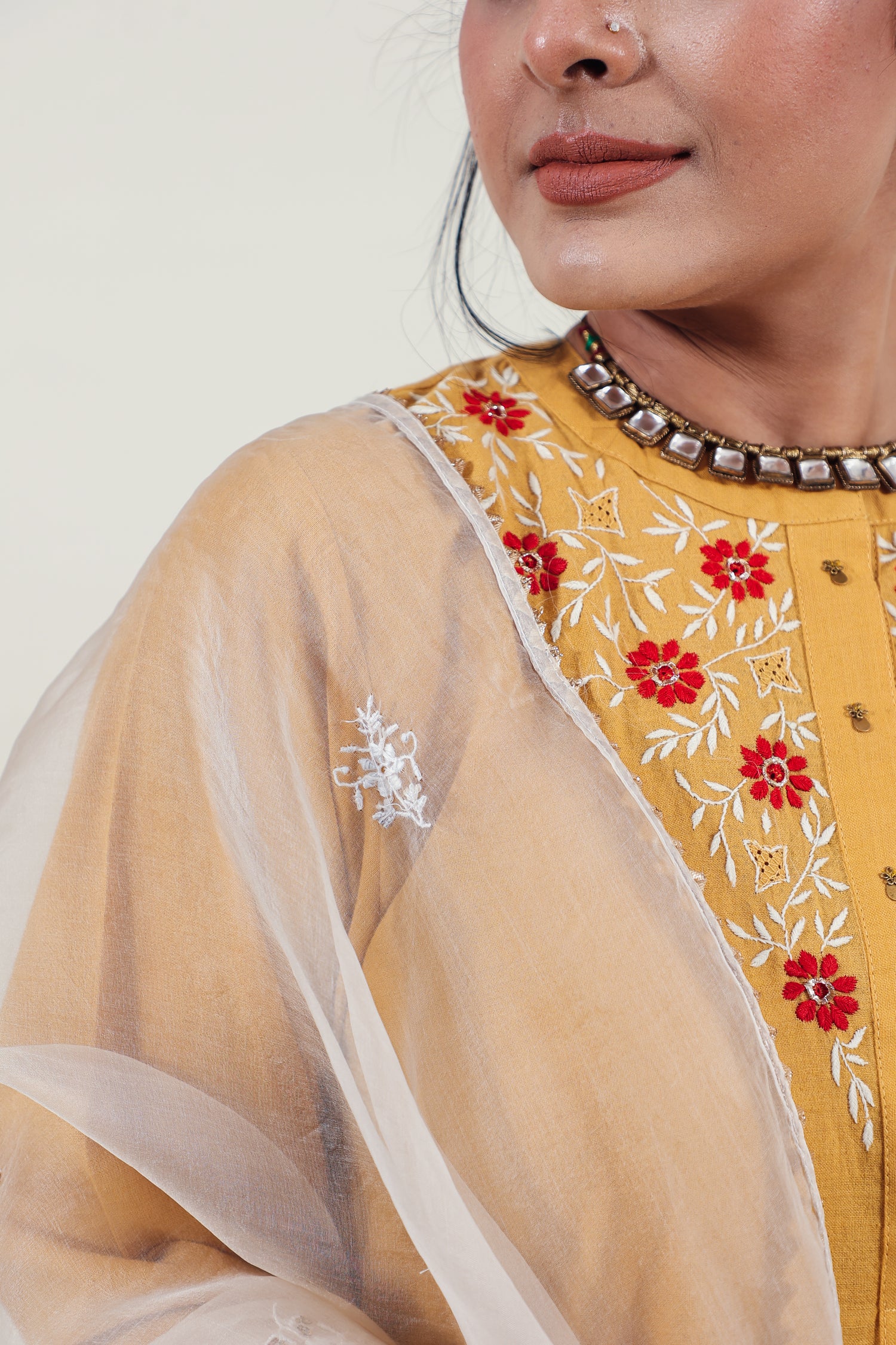 Mustard Chikankari Mandarin Collar Kurta Set