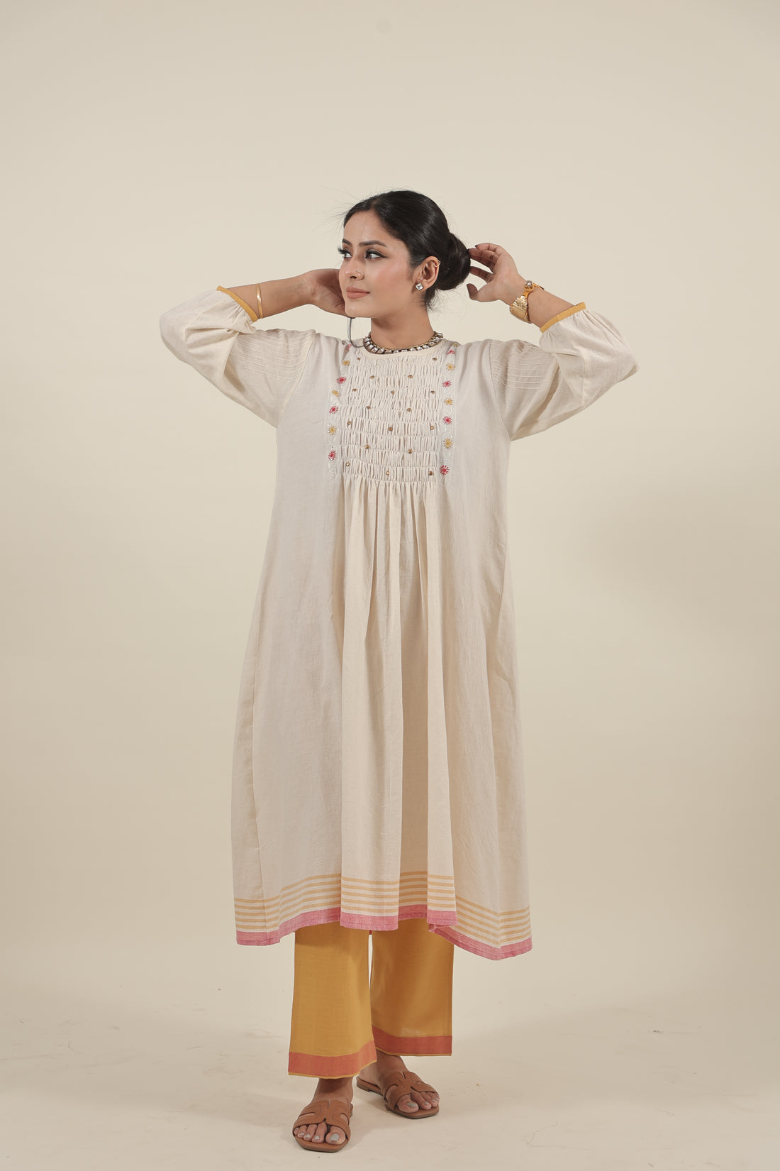 Ivory Chikankari with smocking long kurta set