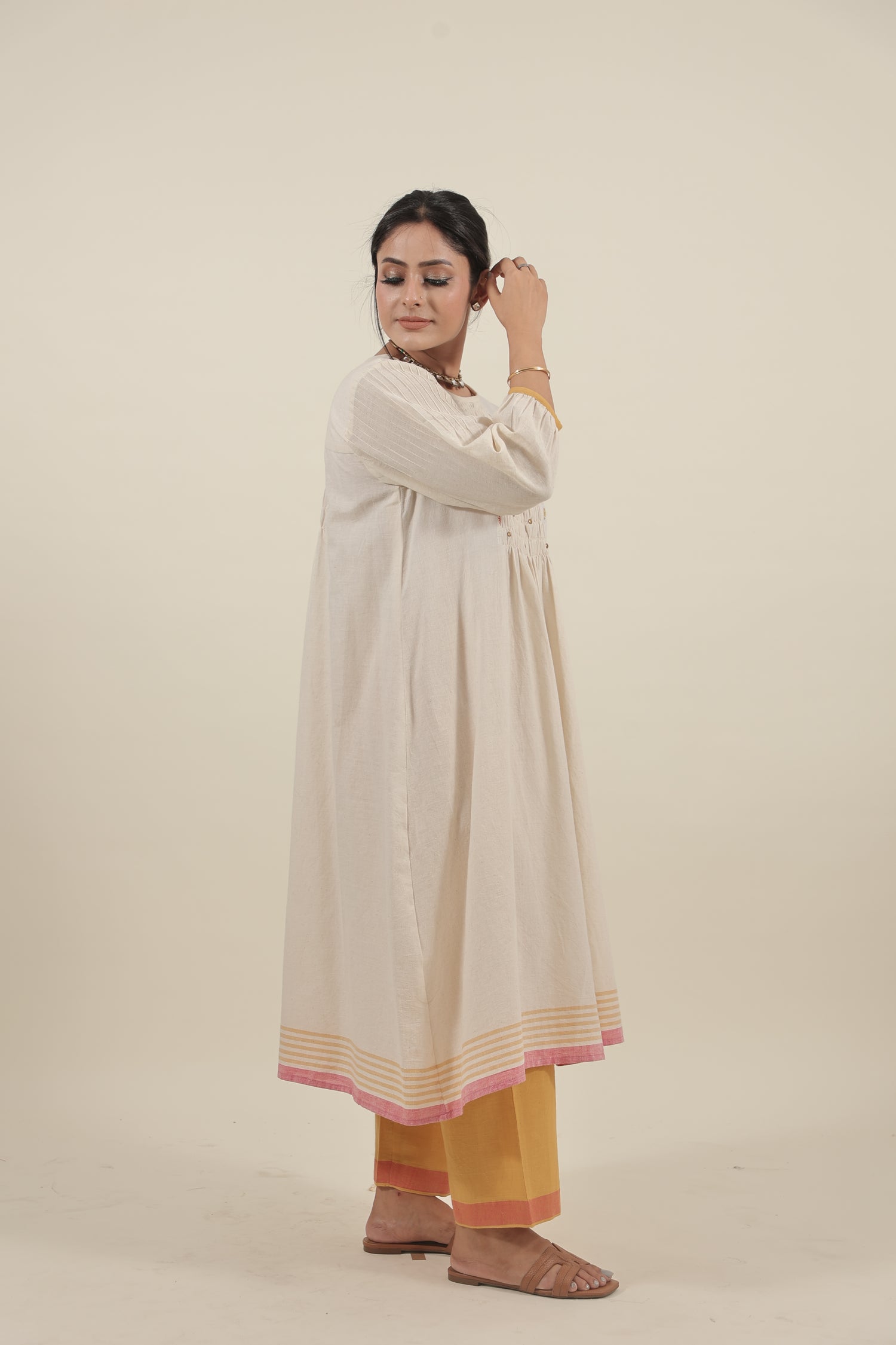 Ivory Chikankari with smocking long kurta set