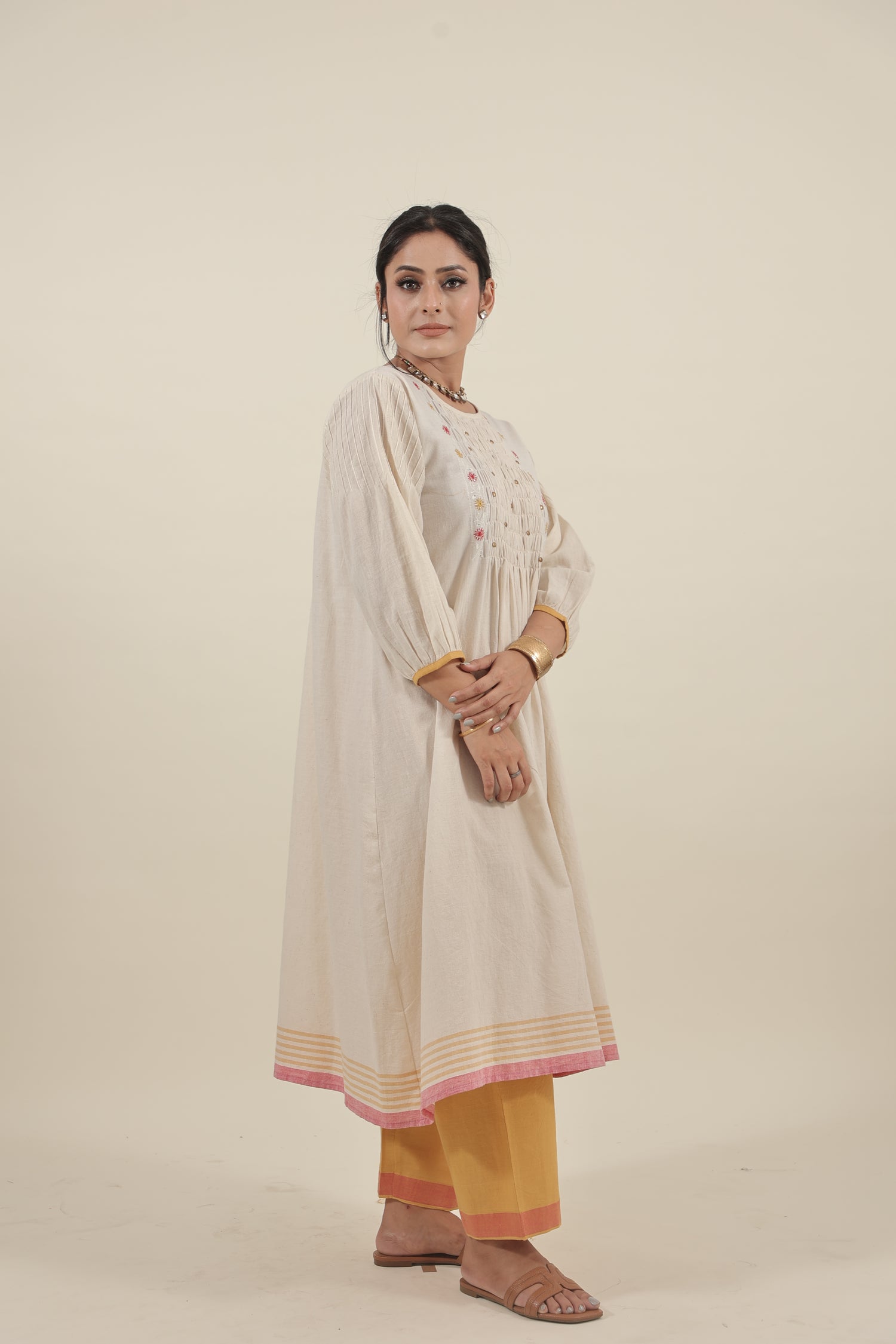 Ivory Chikankari with smocking long kurta set