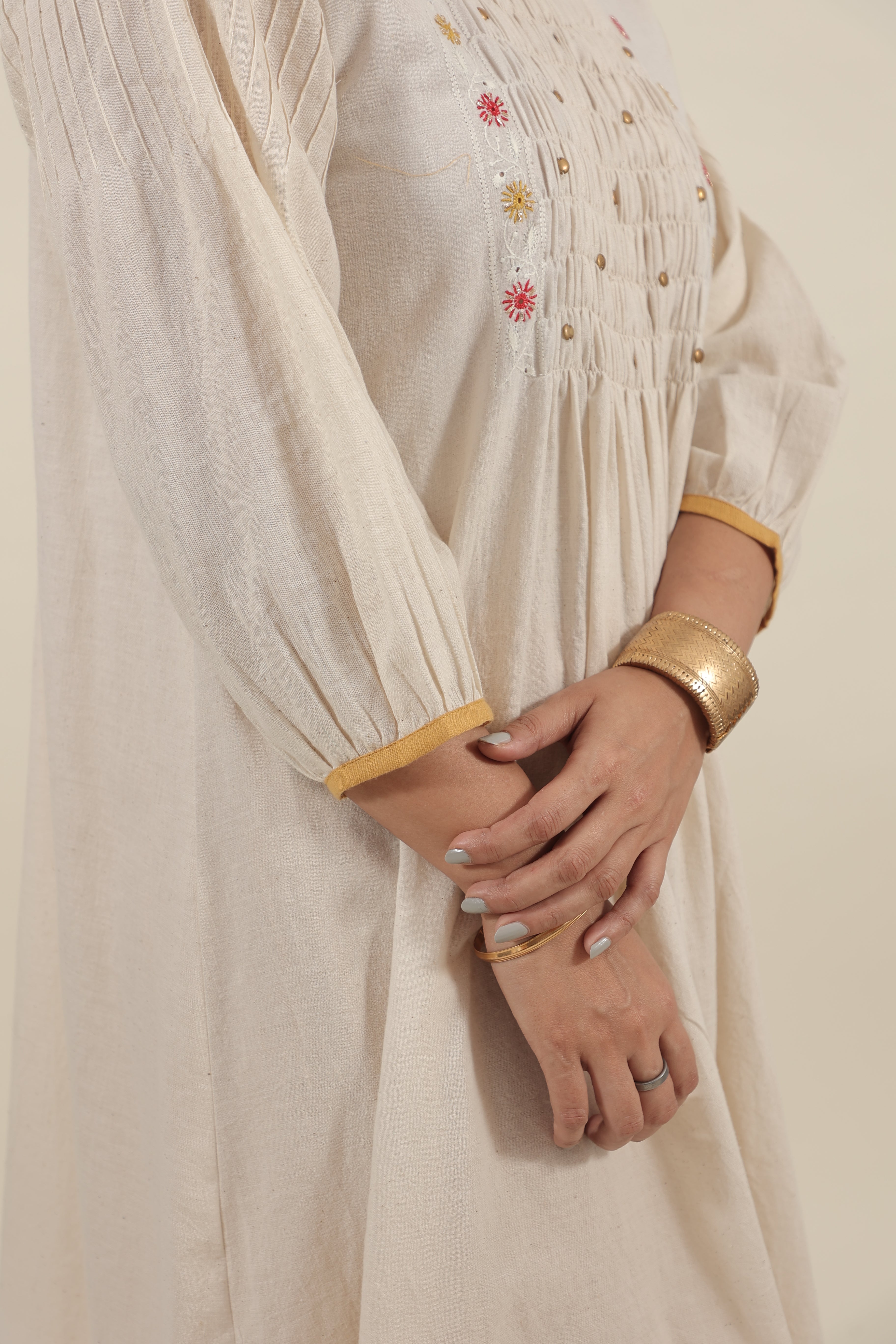 Ivory Chikankari with smocking long kurta set