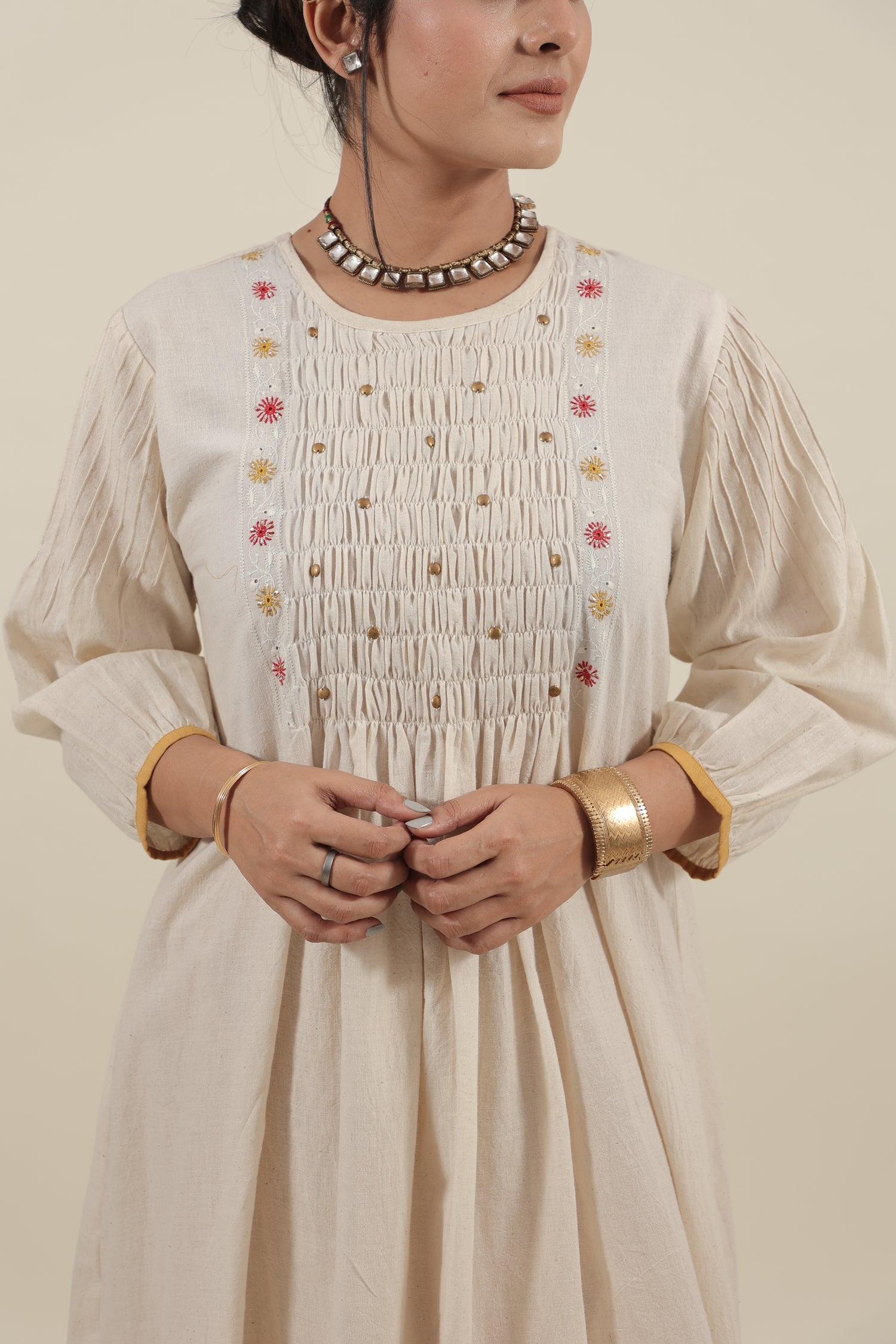 Ivory Chikankari with smocking long kurta set