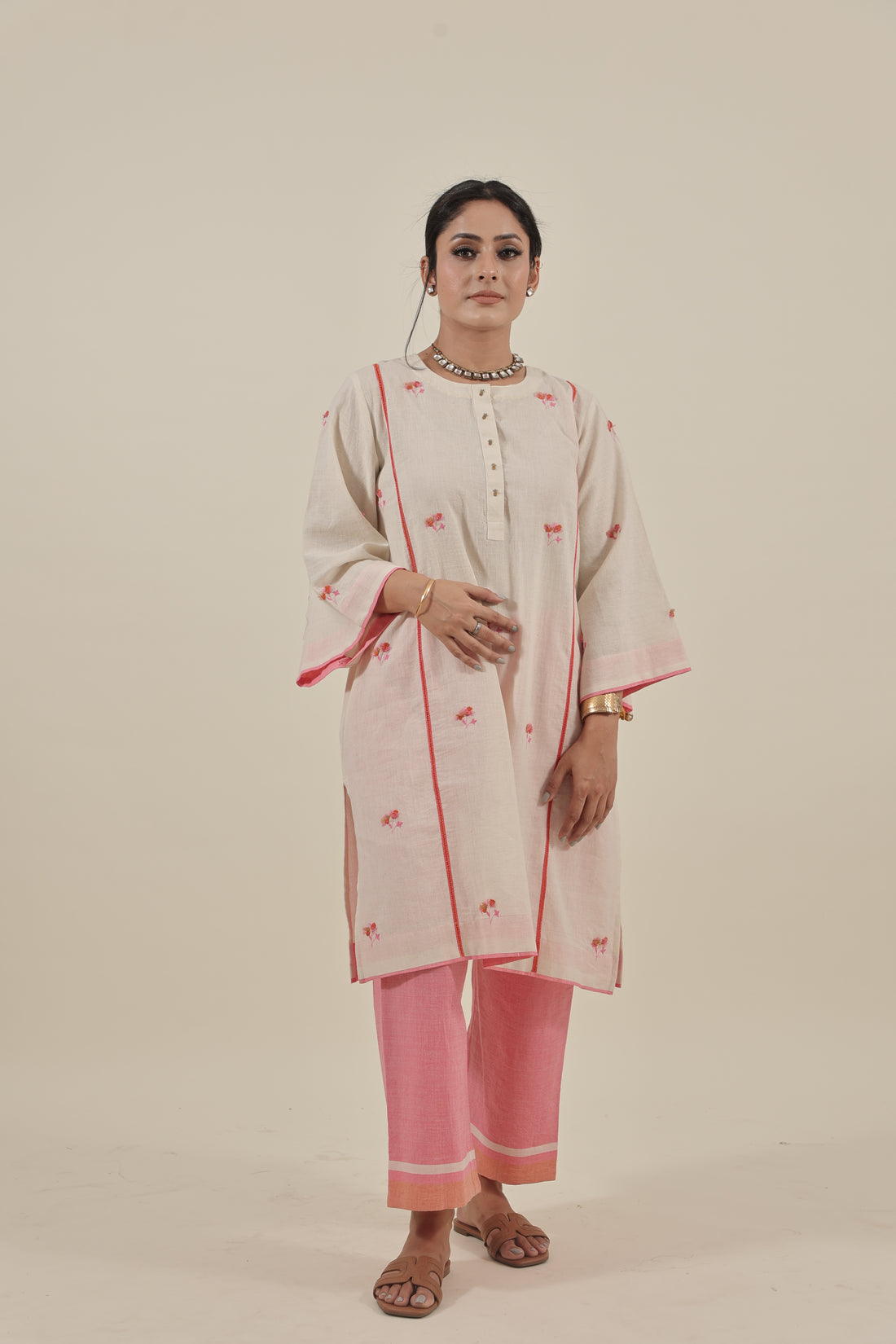 Ivory Hand embroidered orange pink floral kurta set