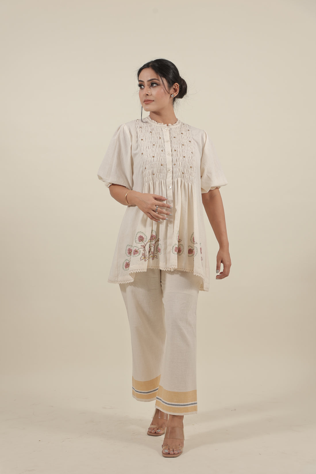 Ivory Hand embroidered with smocking short kurta set