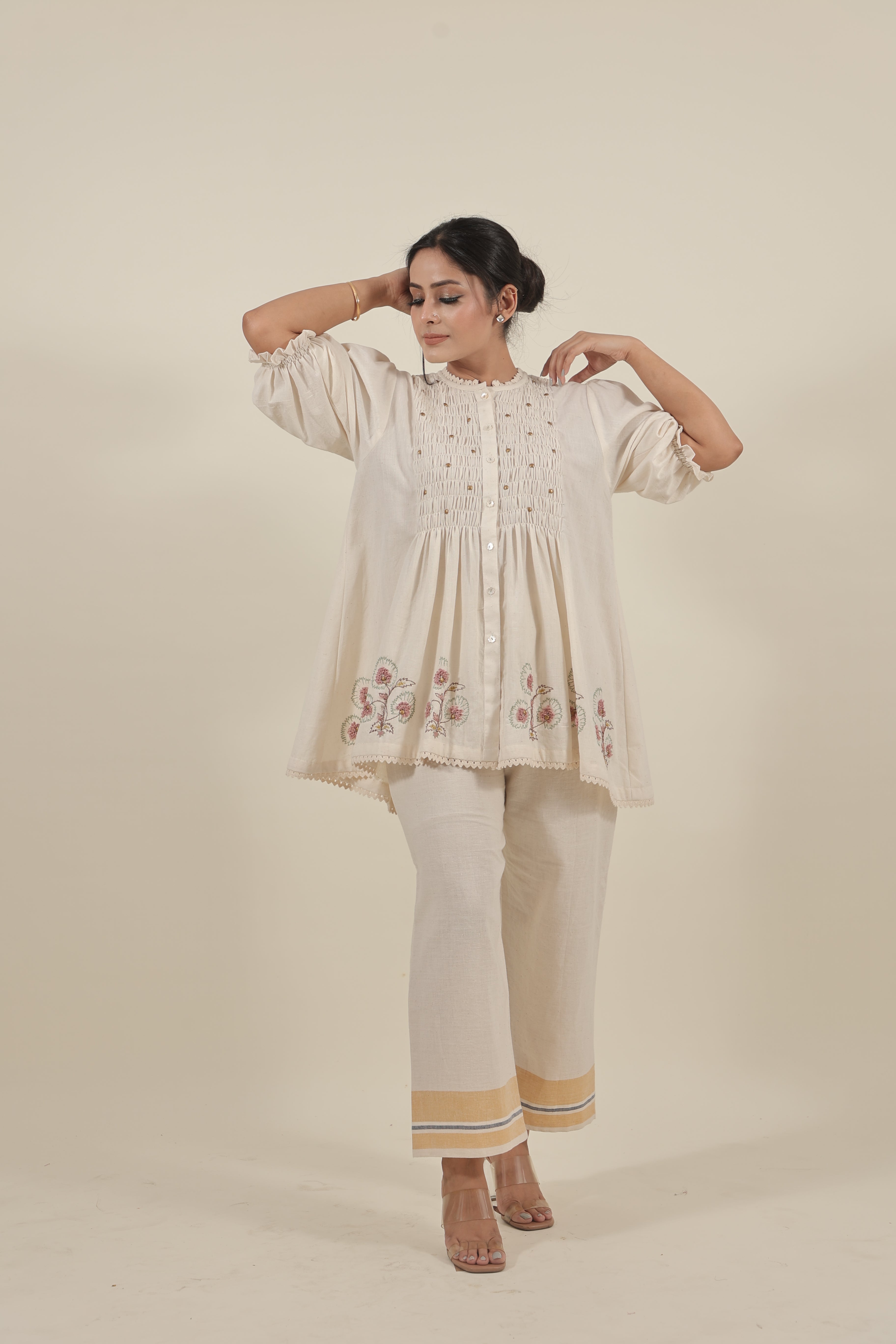 Ivory Hand embroidered with smocking short kurta set
